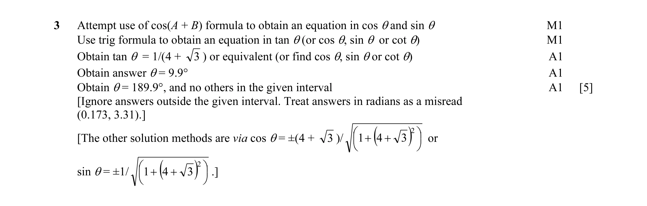 Mark scheme for question 18