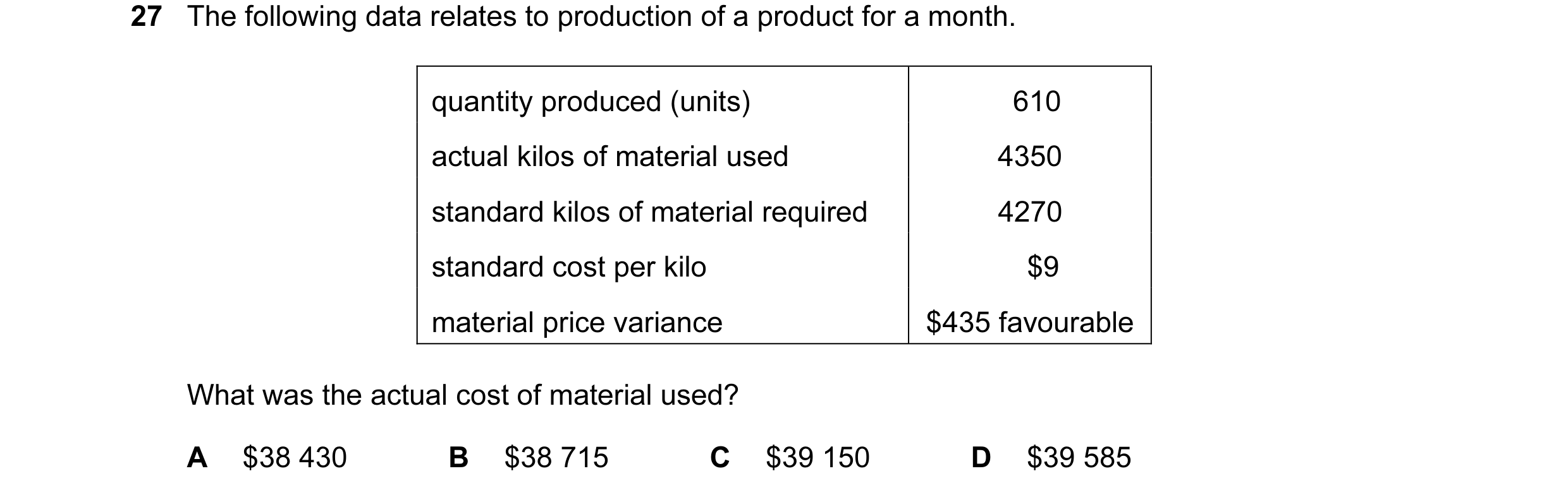 Question 52: The following data relates to production of a product for a month. quantity produced (units) 610 actual kilos of material used 4350 standar…