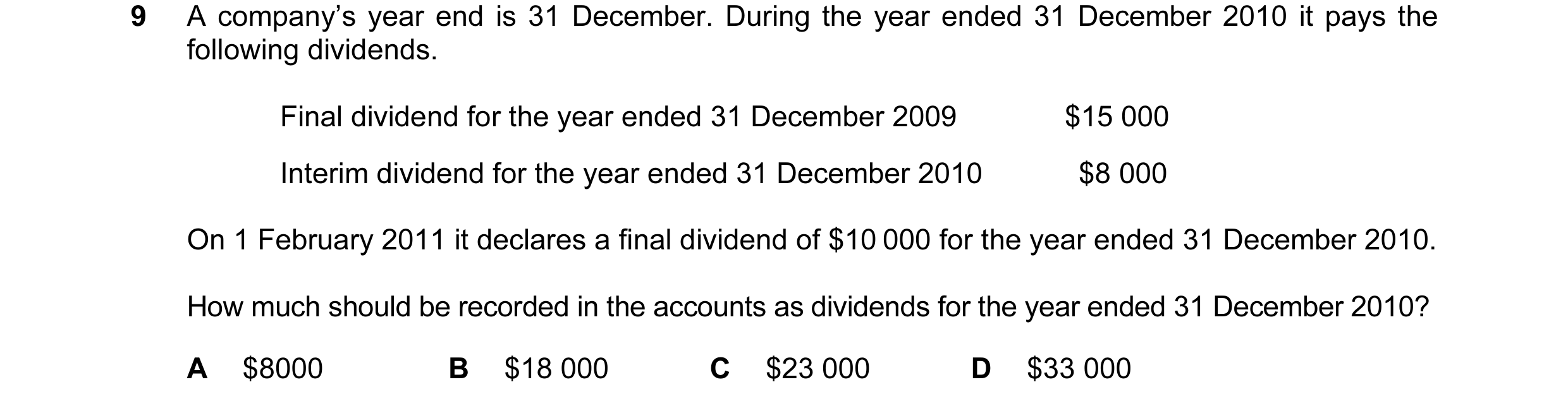 Question 82: A company’s year end is 31 December. During the year ended 31 December 2010 it pays the following dividends. Final dividend for the year en…