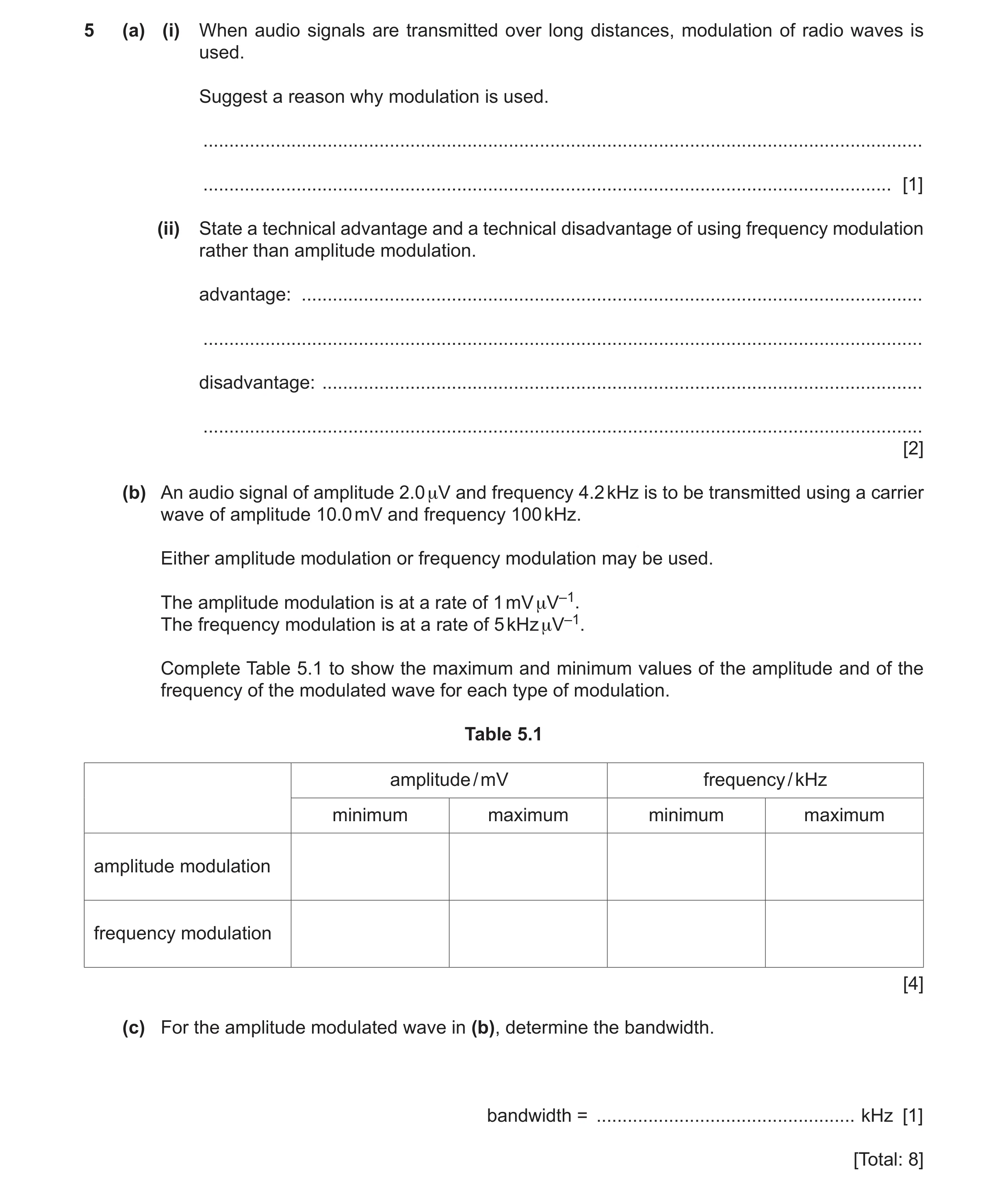 Question 13: (a) (i) When audio signals are transmitted over long distances, modulation of radio waves is used. Suggest a reason why modulation is used.…