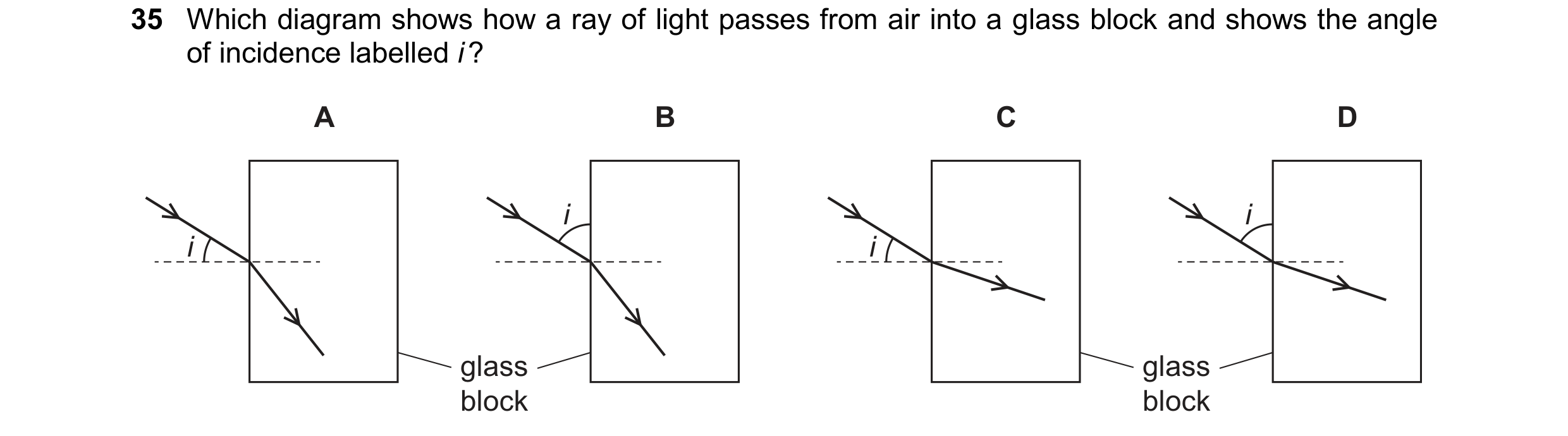 Question 56: Which diagram shows how a ray of light passes from air into a glass block and shows the angle of incidence labelled i ? A B C D i i i i gla…