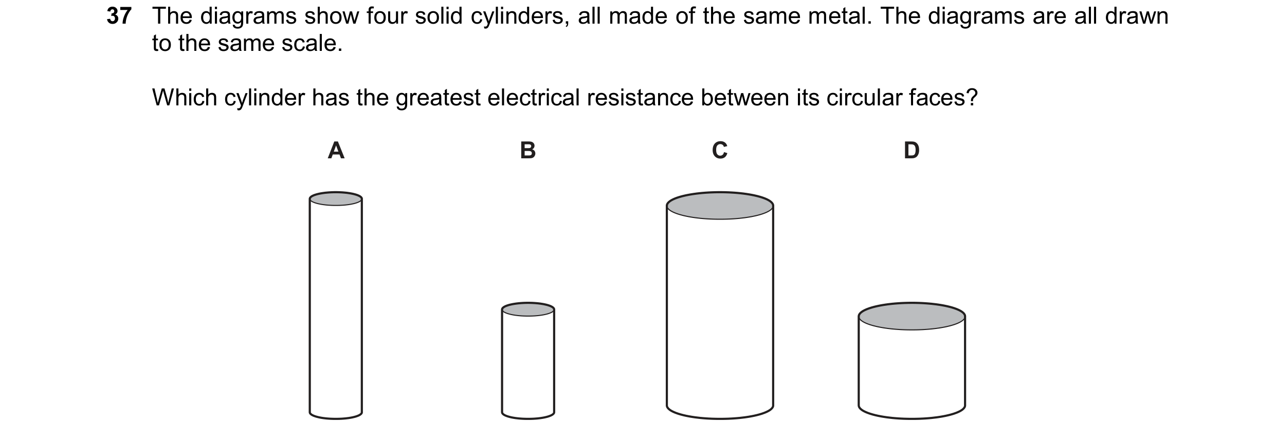 Question 121: The diagrams show four solid cylinders, all made of the same metal. The diagrams are all drawn to the same scale. Which cylinder has the gr…
