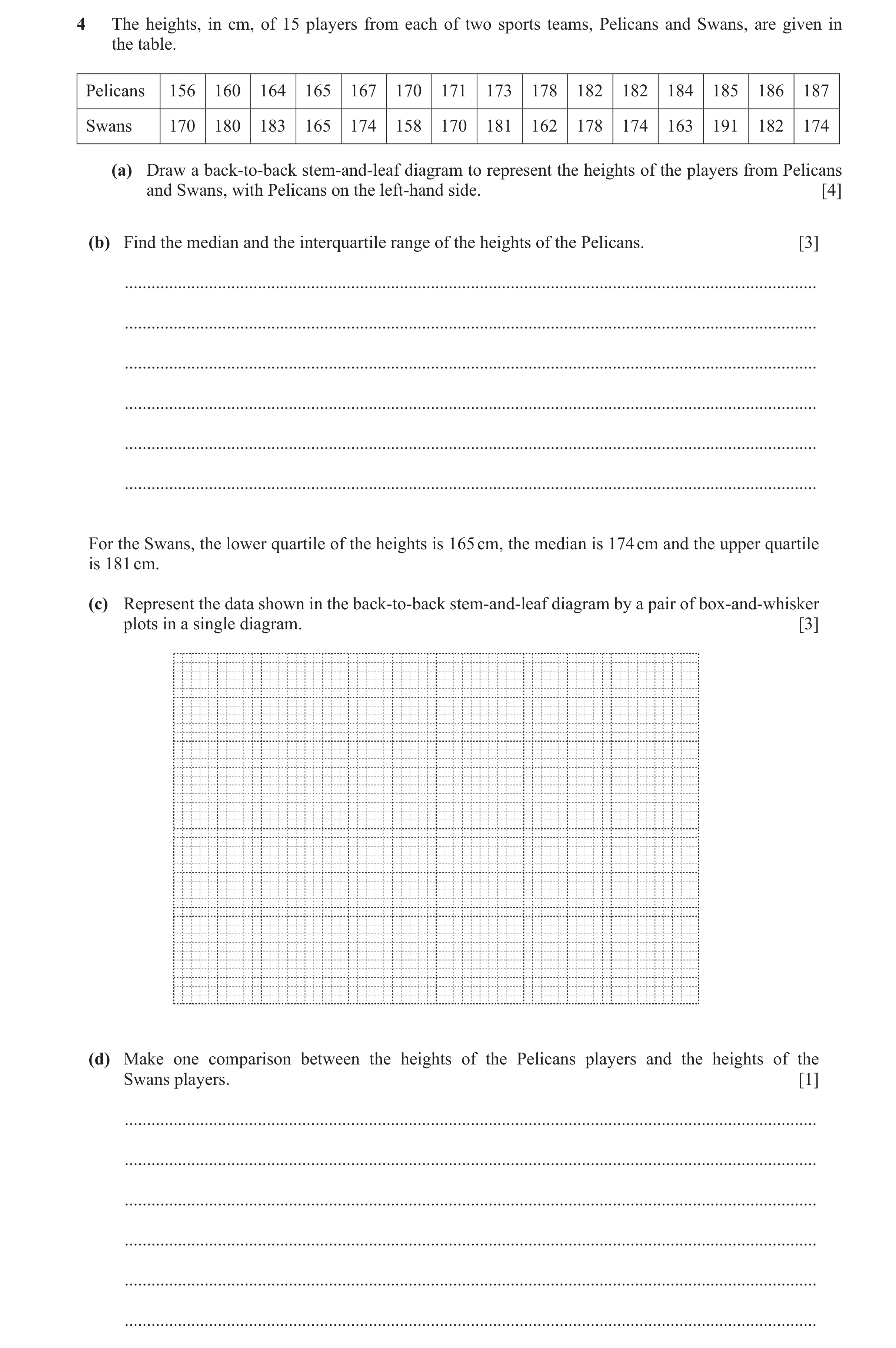 Question 51: The heights, in cm, of 15 players from each of two sports teams, Pelicans and Swans, are given in the table. Pelicans 156 160 164 165 167 1…