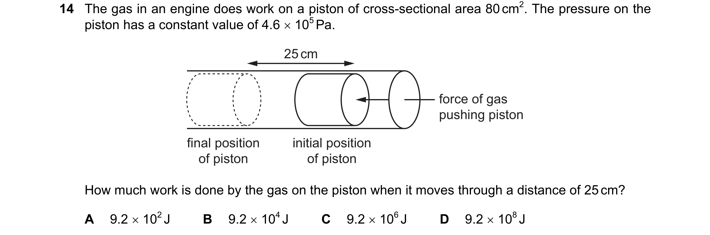Question 113: The gas in an engine does work on a piston of cross-sectional area 80 cm2. The pressure on the piston has a constant value of 4.6 × 105 Pa.…