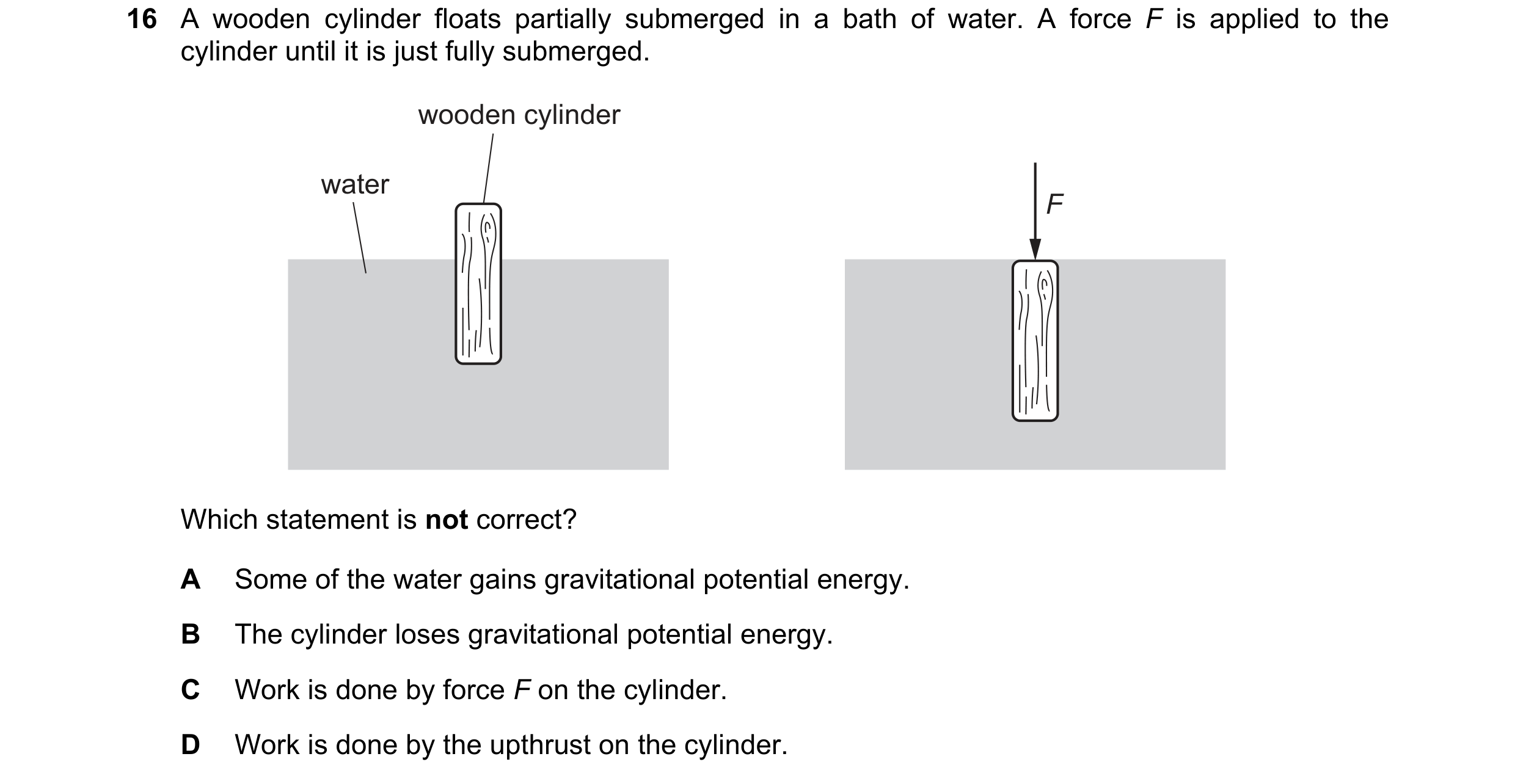 Question 178: A wooden cylinder floats partially submerged in a bath of water. A force F is applied to the cylinder until it is just fully submerged. woo…
