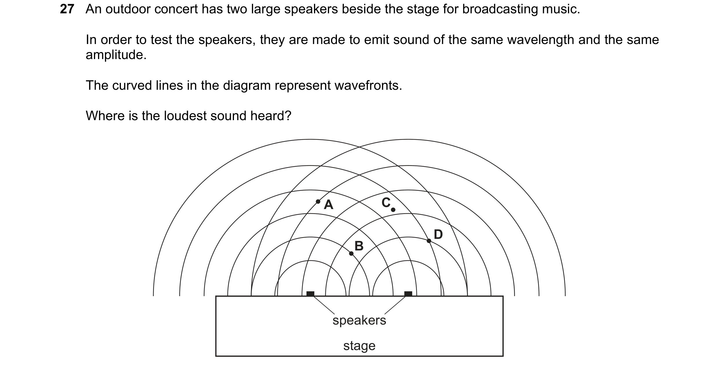 Question 71: An outdoor concert has two large speakers beside the stage for broadcasting music. In order to test the speakers, they are made to emit sou…