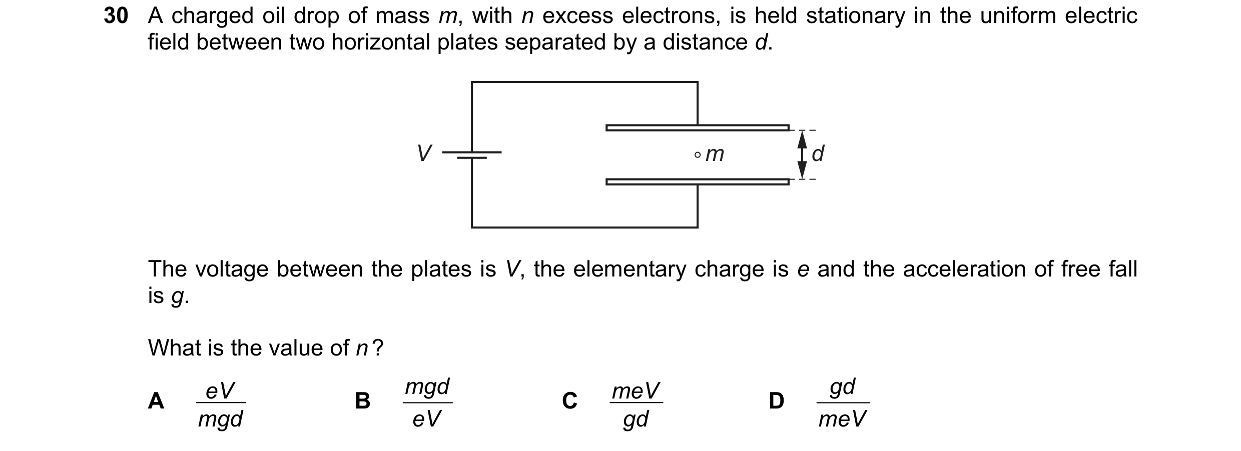 Question 104: A charged oil drop of mass m, with n excess electrons, is held stationary in the uniform electric field between two horizontal plates separ…