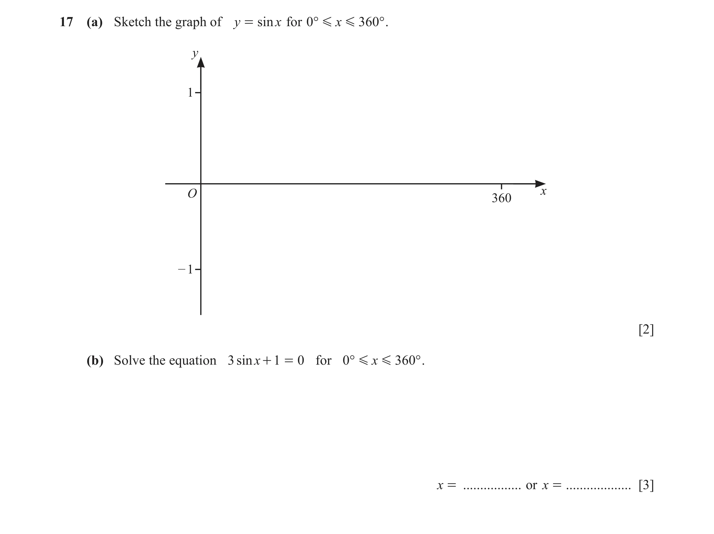Question 6: (a) Sketch the graph of y = sin x for 0° G x G 360° . y 1 O x 360 – 1 [2] (b) Solve the equation 3 sinx + 1 = 0 for 0° G x G 360° . x = ...…