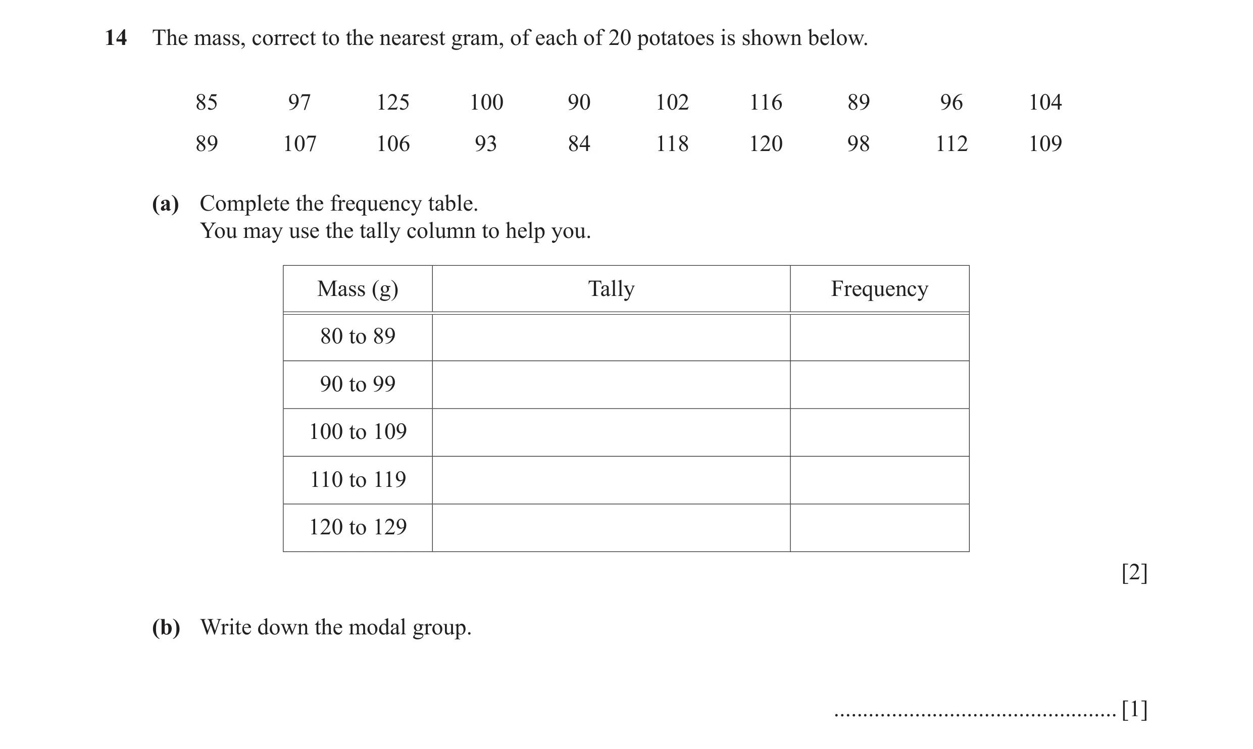 Question 4: The mass, correct to the nearest gram, of each of 20 potatoes is shown below. 85 97 125 100 90 102 116 89 96 104 89 107 106 93 84 118 120 9…