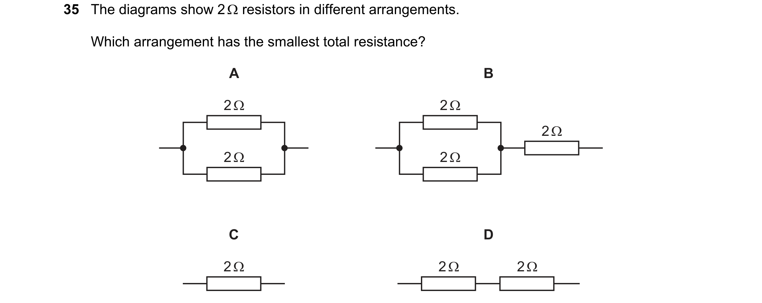 Question 32: The diagrams show 2 Ω resistors in different arrangements. Which arrangement has the smallest total resistance? A B 2 Ω 2 Ω 2 Ω 2 Ω 2 Ω C D…