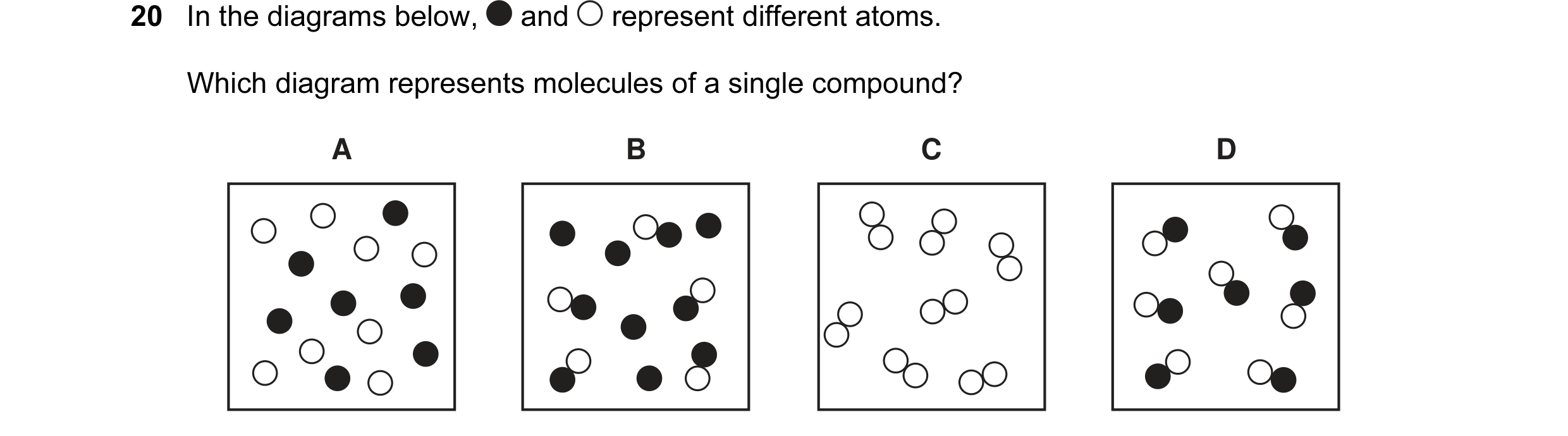 Question 29: In the diagrams below, and represent different atoms. Which diagram represents molecules of a single compound? A B C D