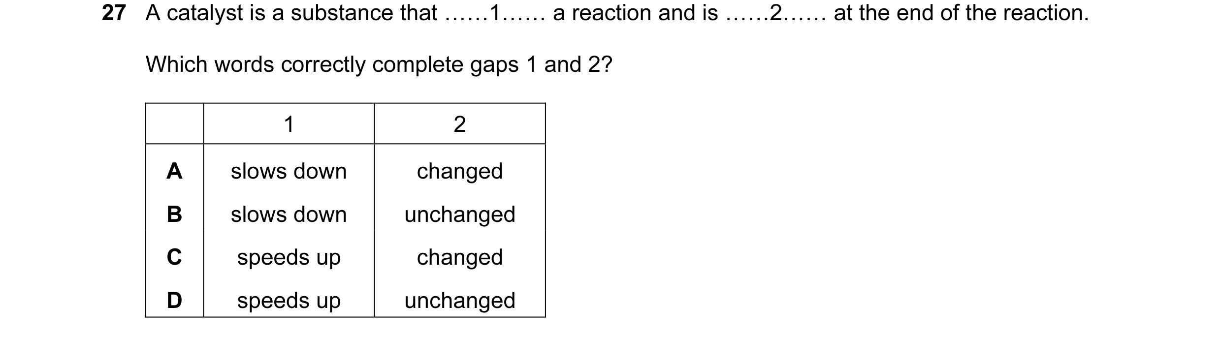 Question 25: A catalyst is a substance that ……1…… a reaction and is ……2…… at the end of the reaction. Which words correctly complete gaps 1 and 2? 1 2 A…