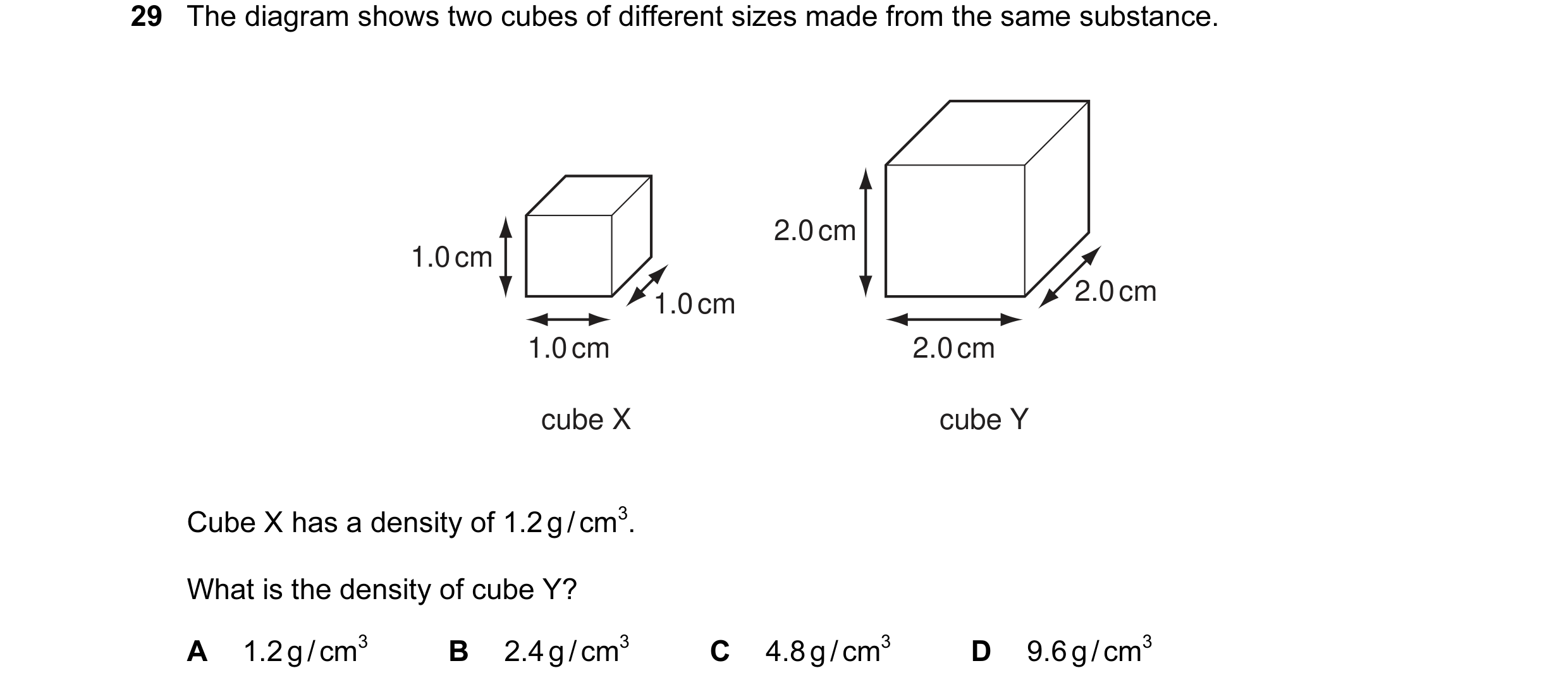 Question 24: The diagram shows two cubes of different sizes made from the same substance. 2.0 cm 1.0 cm 1.0 cm 2.0 cm 1.0 cm 2.0 cm cube X cube Y Cube X…