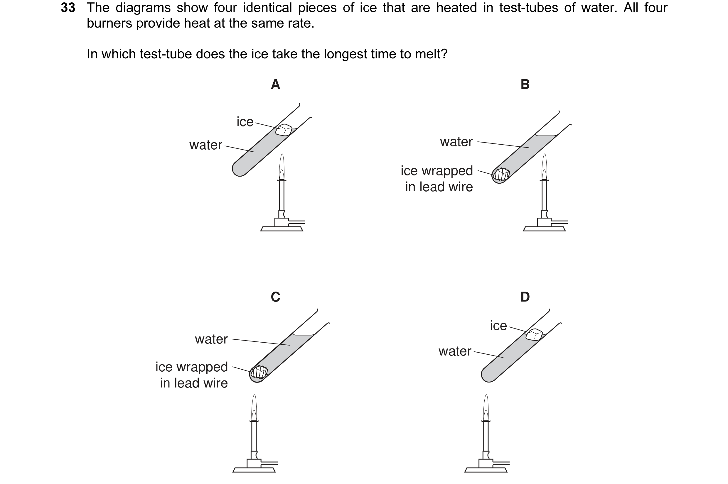 Question 32: The diagrams show four identical pieces of ice that are heated in test-tubes of water. All four burners provide heat at the same rate. In w…