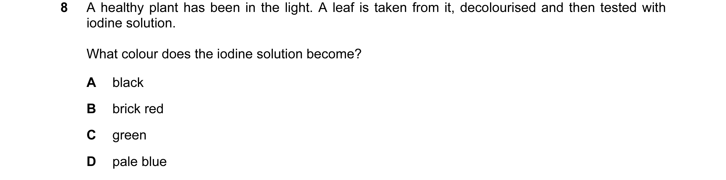 Question 31: A healthy plant has been in the light. A leaf is taken from it, decolourised and then tested with iodine solution. What colour does the iod…
