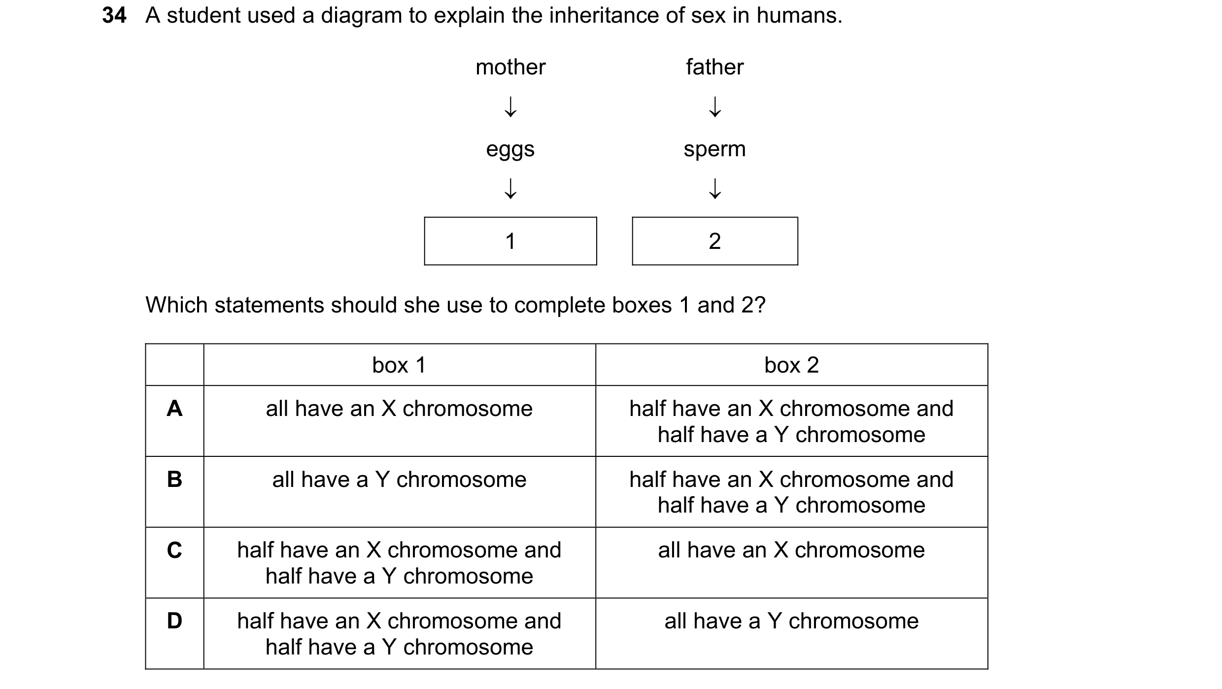 Question 10: A student used a diagram to explain the inheritance of sex in humans. mother father eggs sperm 1 2 Which statements should she use …