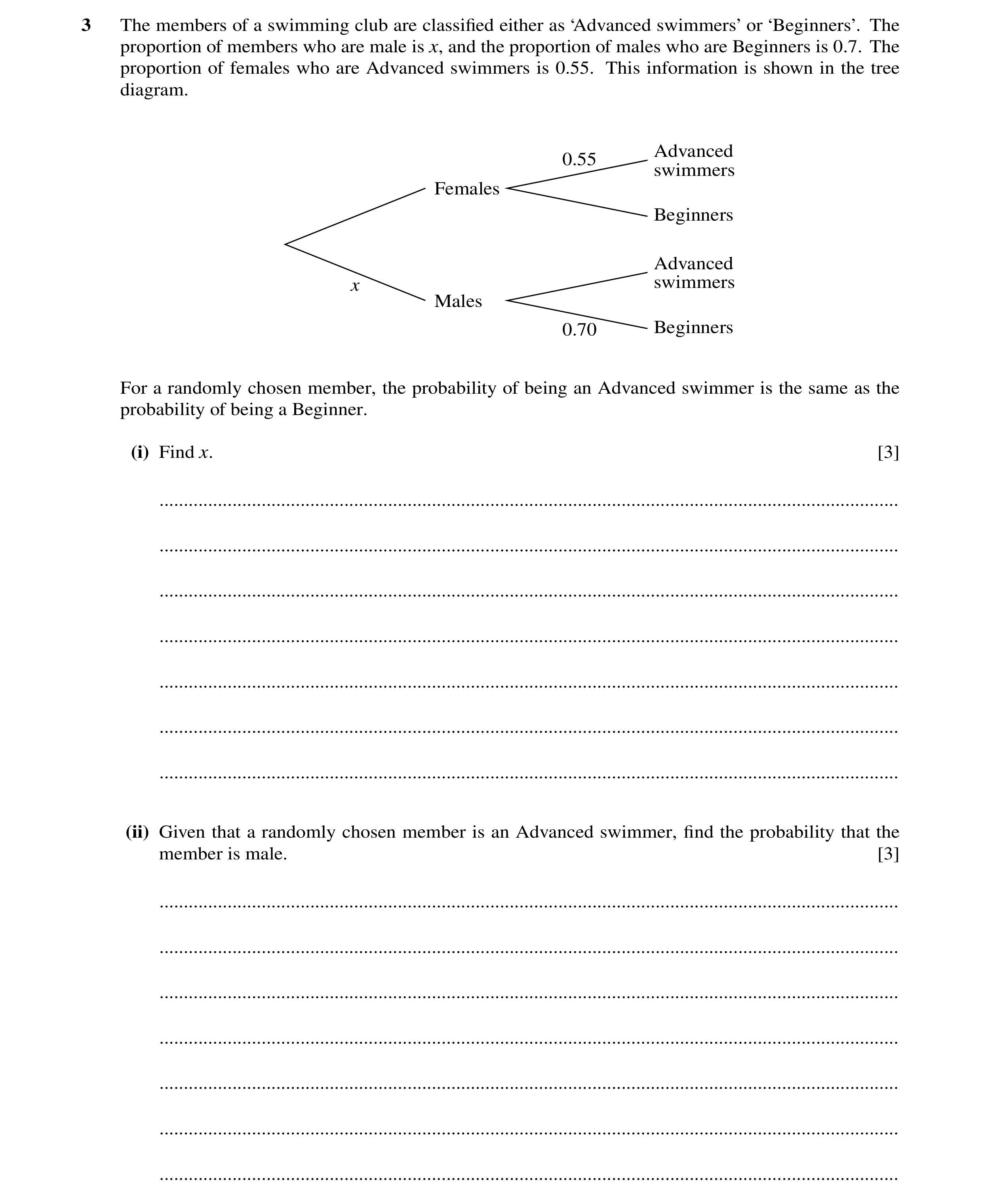 Question 119: The members of a swimming club are classiﬁed either as ‘Advanced swimmers’ or ‘Beginners’. The proportion of members who are male is x, and…