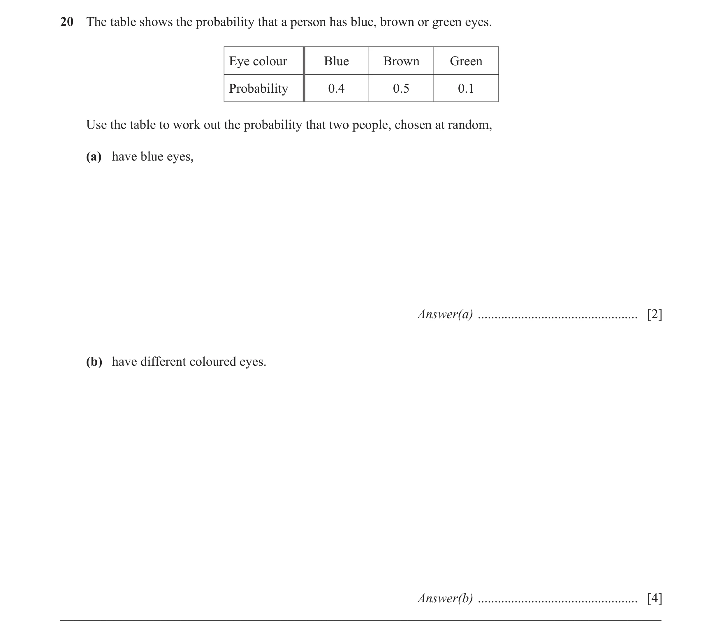 Question 4: The table shows the probability that a person has blue, brown or green eyes. Eye colour Blue Brown Green Probability 0.4 0.5 0.1 Use the ta…