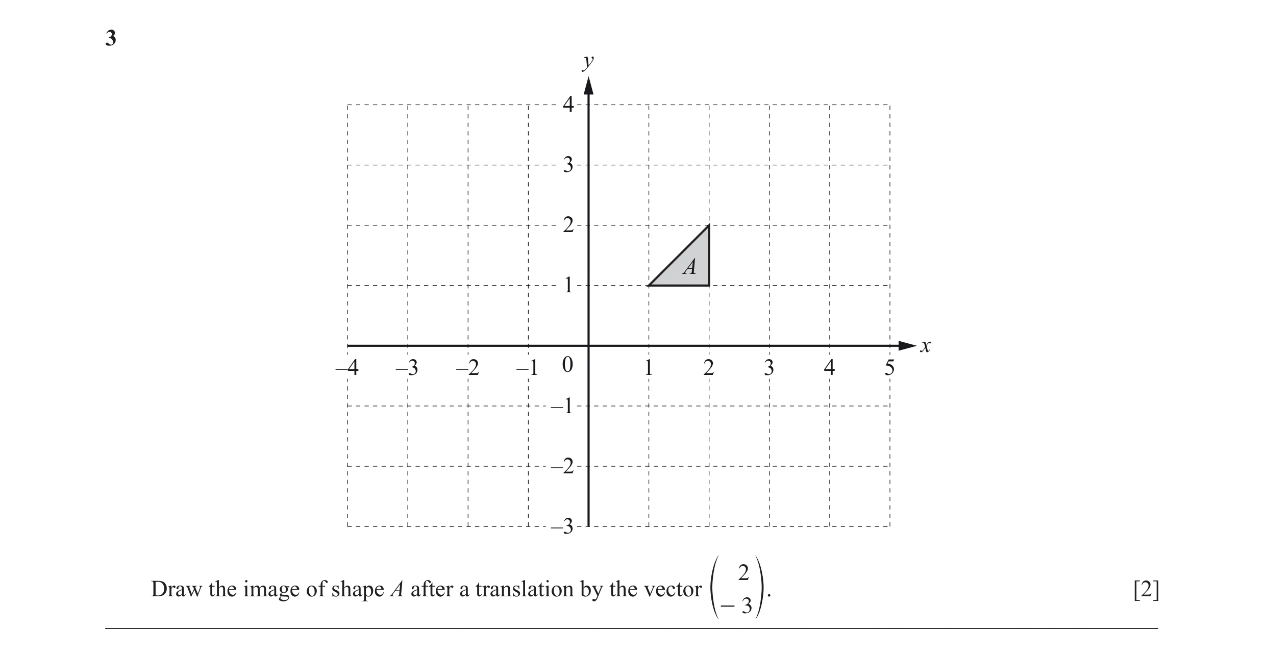 Question 11: y 4 3 2 A 1 x –4 –3 –2 –1 0 1 2 3 4 5 –1 –2 –3 2 Draw the image of shape A after a translation by the vector [2] e - 3 o.__________________…