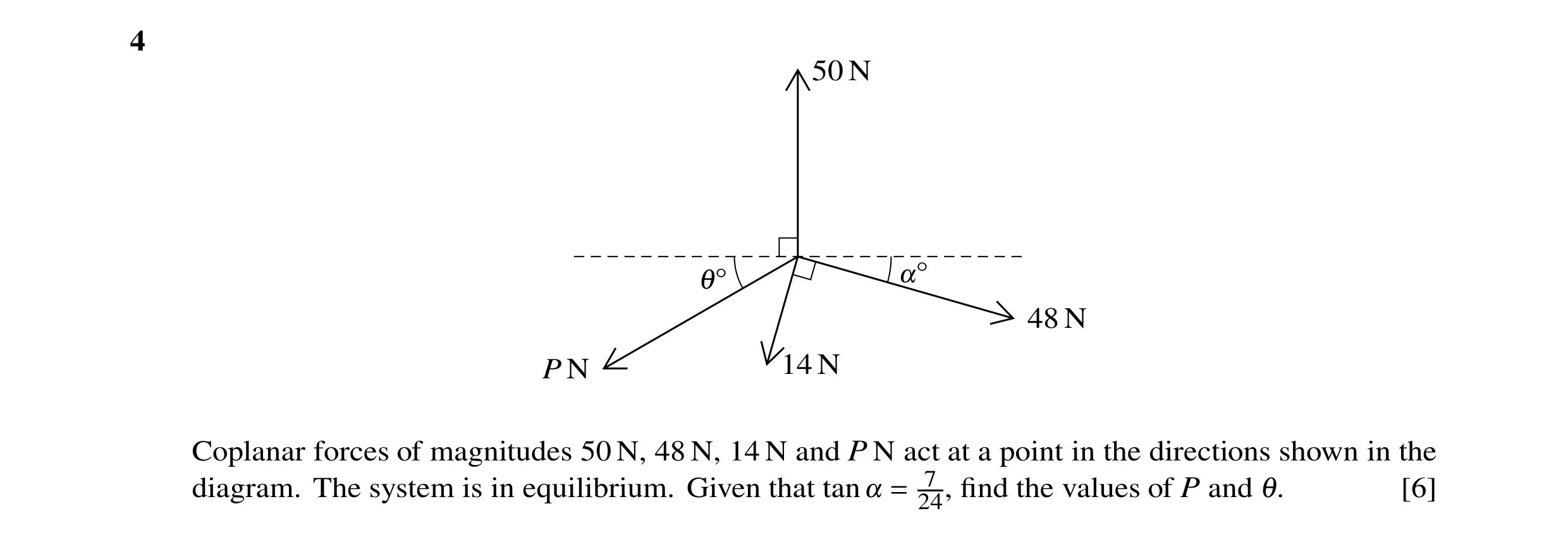 Question 82: 50 N 1Å !Å 48 N P N 14 N Coplanar forces of magnitudes 50 N, 48 N, 14 N and P N act at a point in the directions shown in the diagram. The …