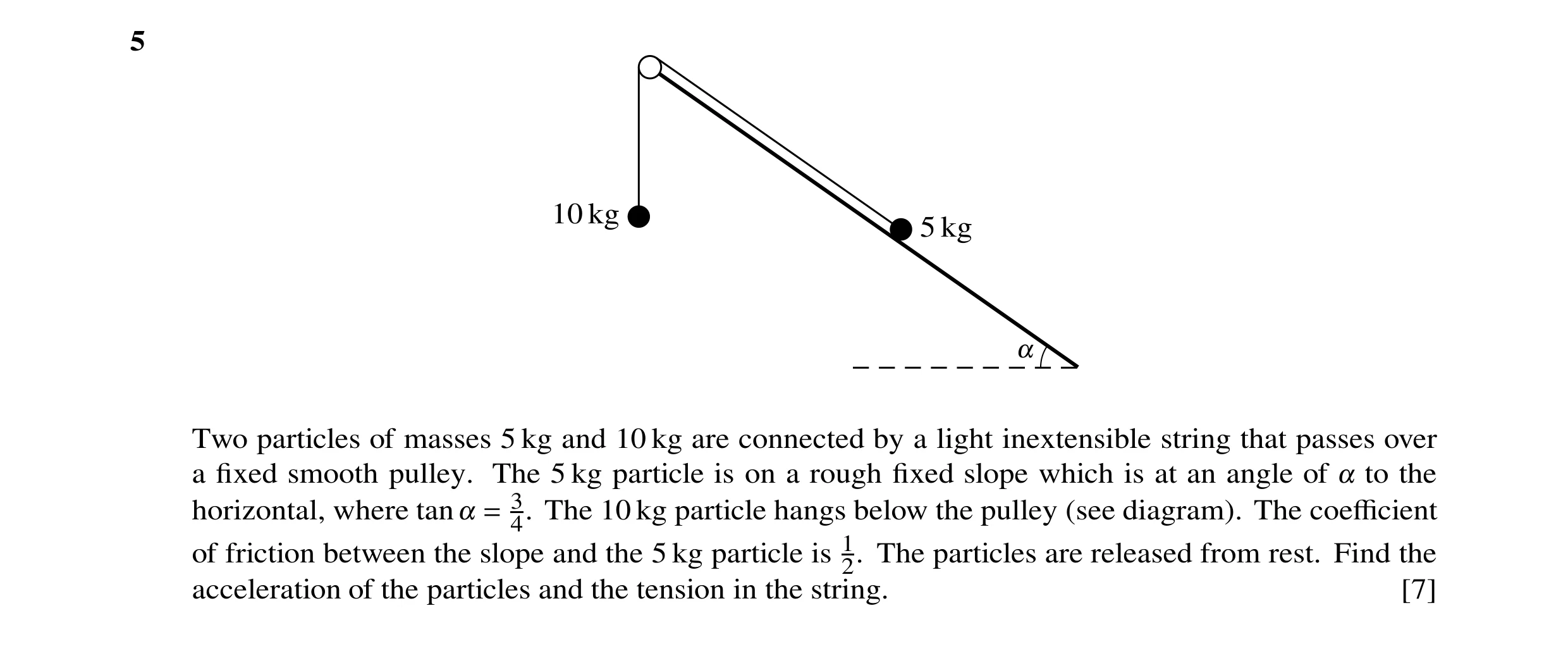 Question 142: 10 kg 5 kg ! Two particles of masses 5 kg and 10 kg are connected by a light inextensible string that passes over a fixed smooth pulley. The…