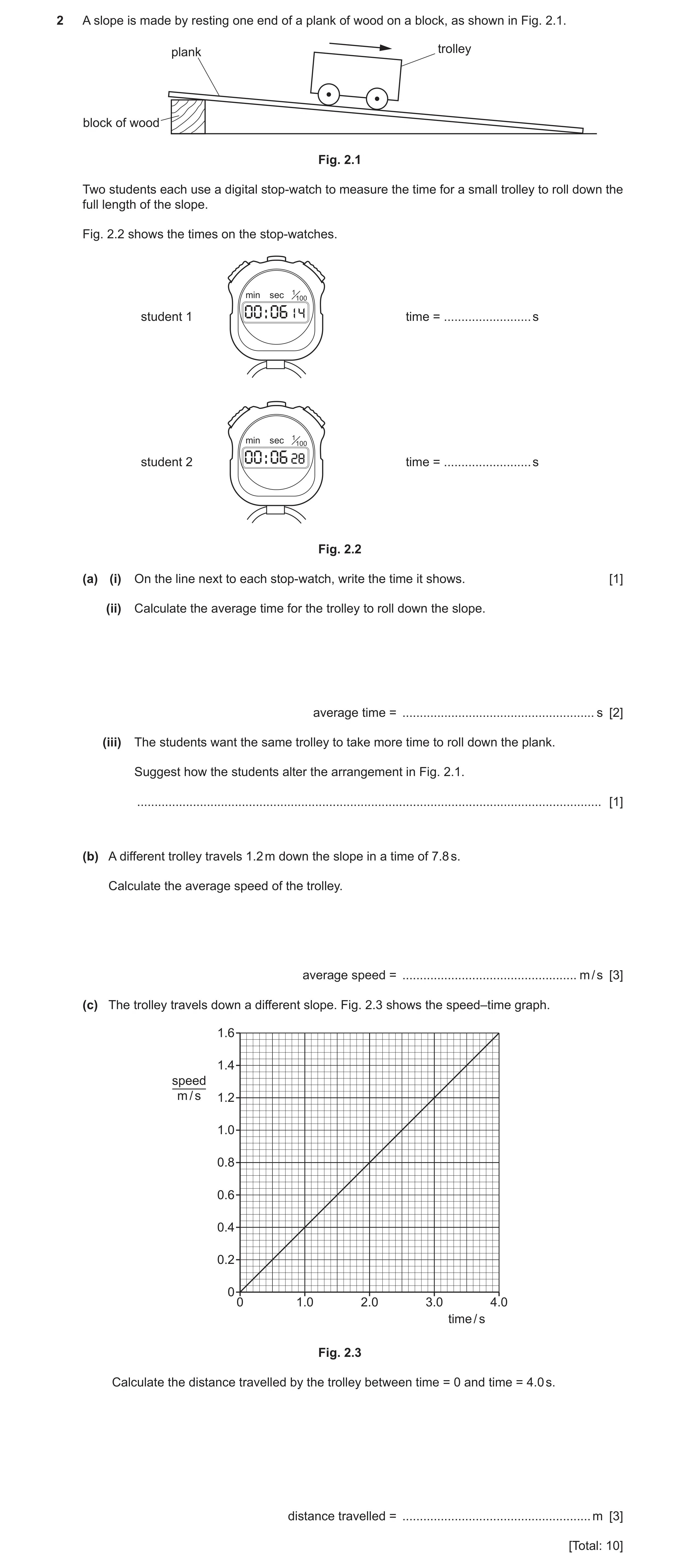 Question 36: A slope is made by resting one end of a plank of wood on a block, as shown in Fig. 2.1. plank trolley block of wood Fig. 2.1 Two students e…