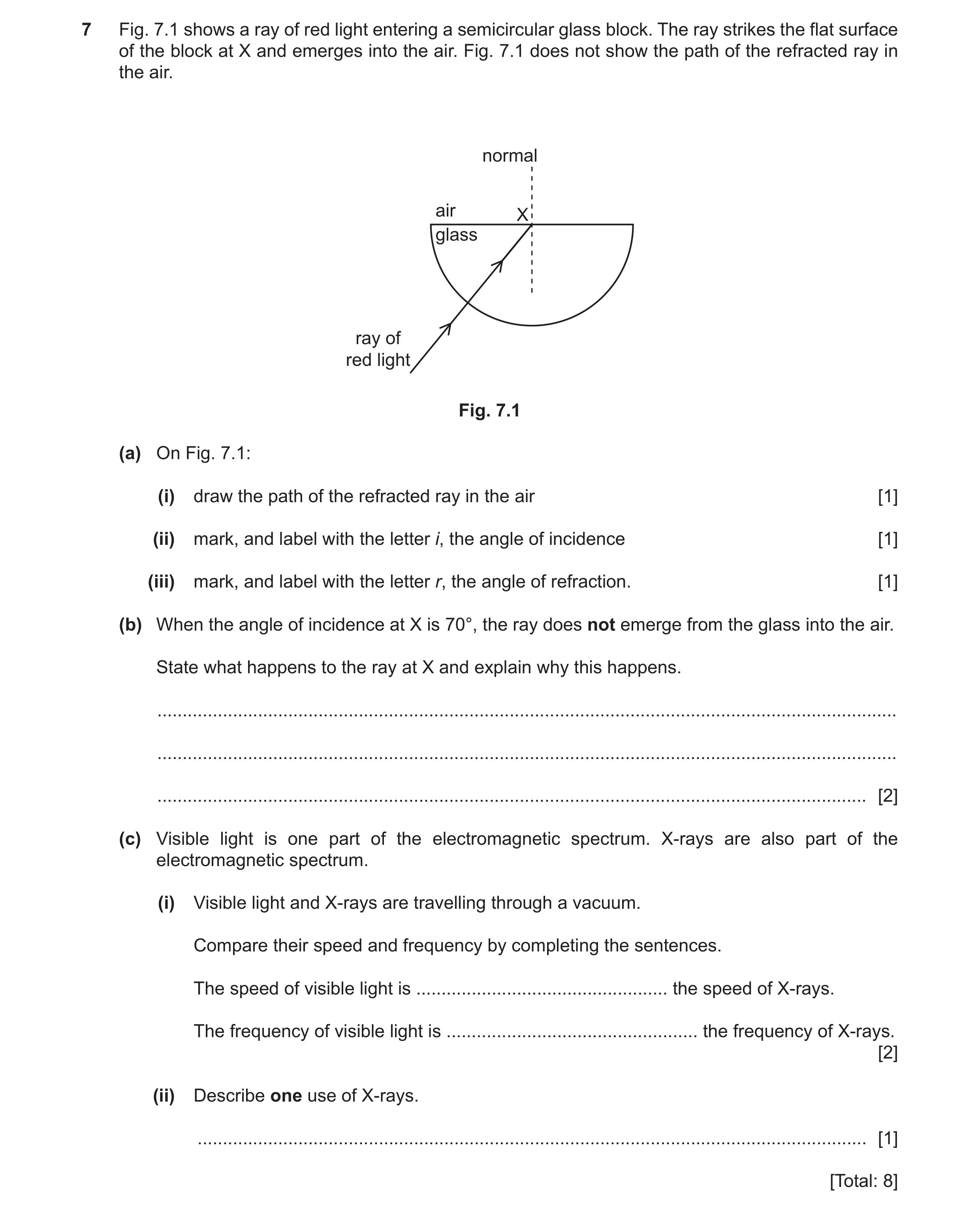 Question 21: Fig. 7.1 shows a ray of red light entering a semicircular glass block. The ray strikes the flat surface of the block at X and emerges into …