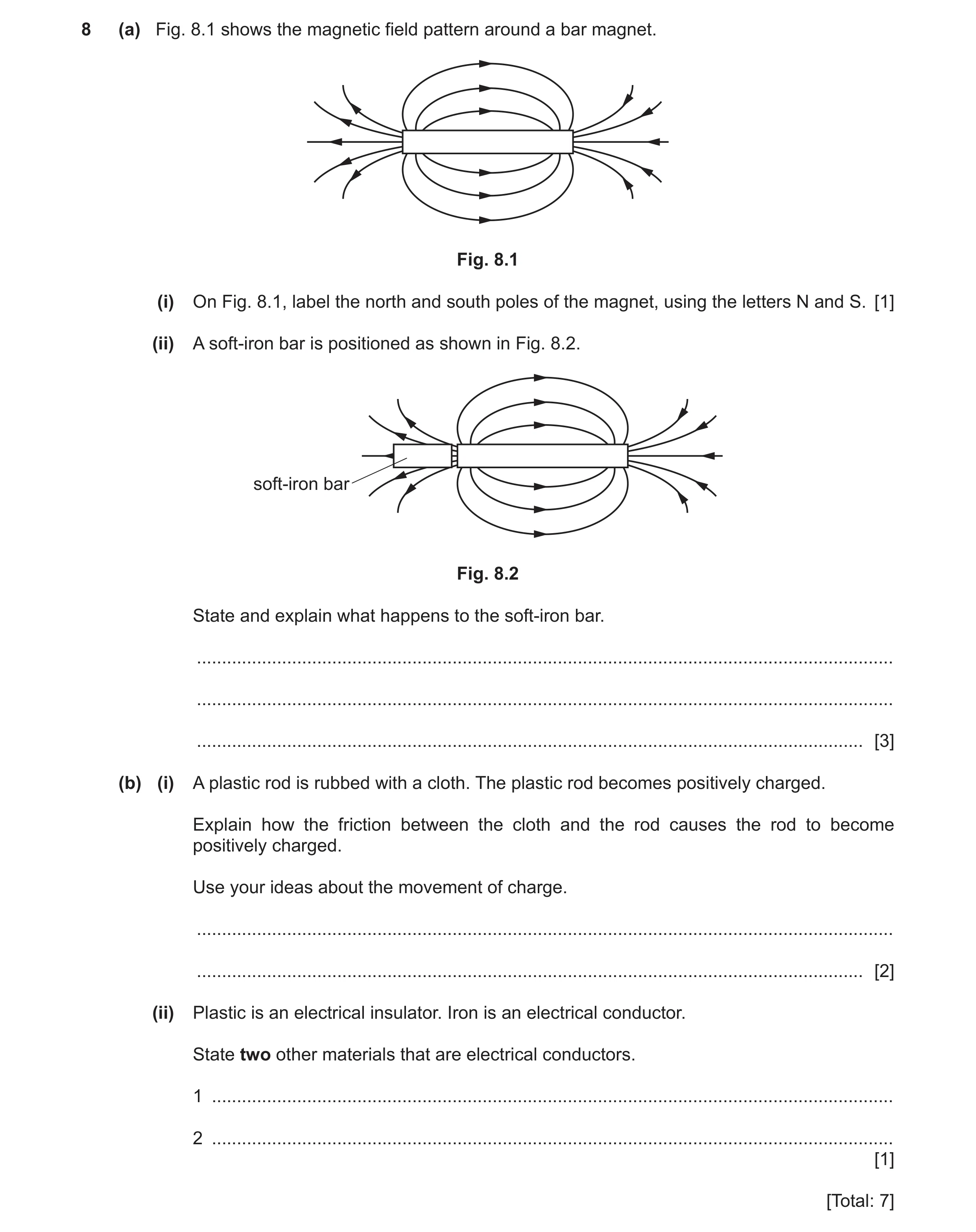 Question 28: (a) Fig. 8.1 shows the magnetic field pattern around a bar magnet. Fig. 8.1 (i) On Fig. 8.1, label the north and south poles of the magnet,…