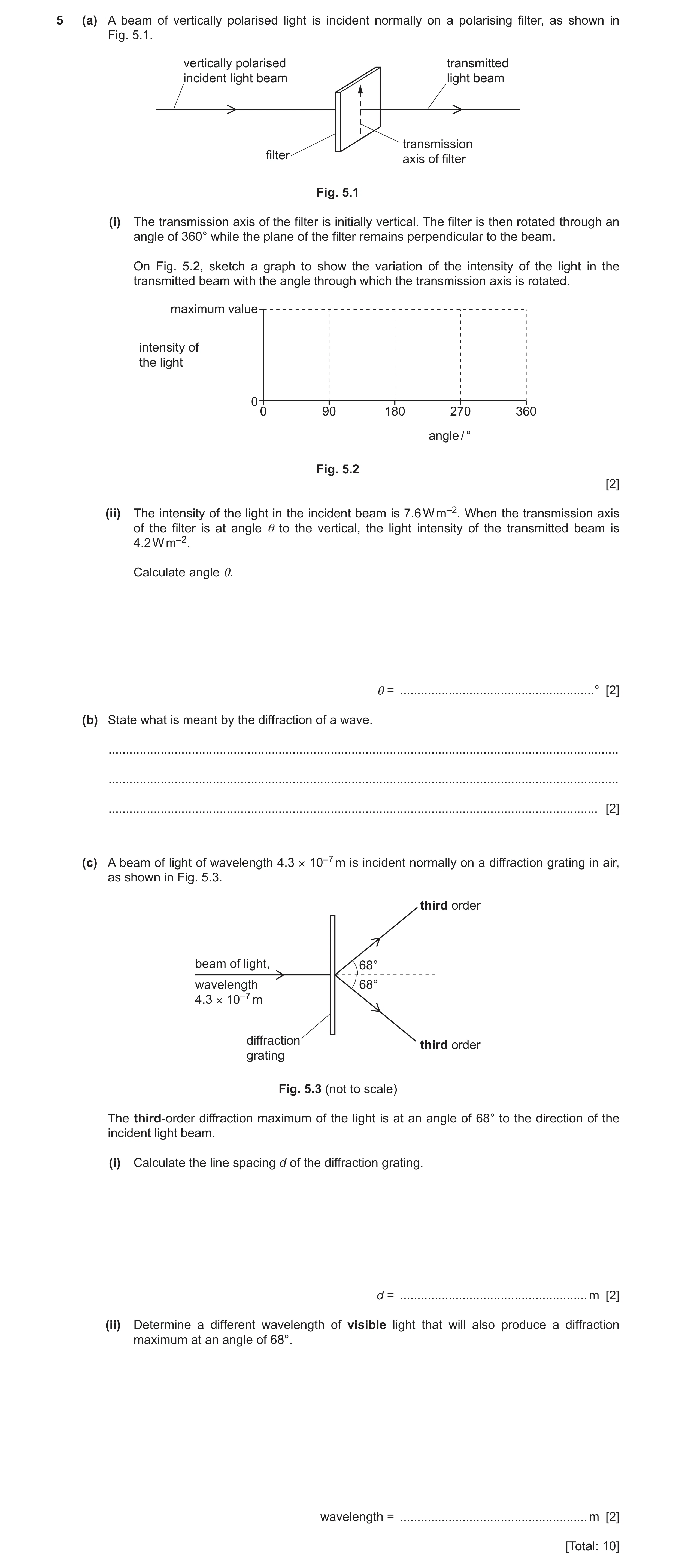 Question 11: (a) A beam of vertically polarised light is incident normally on a polarising filter, as shown in Fig. 5.1. vertically polarised transmitte…