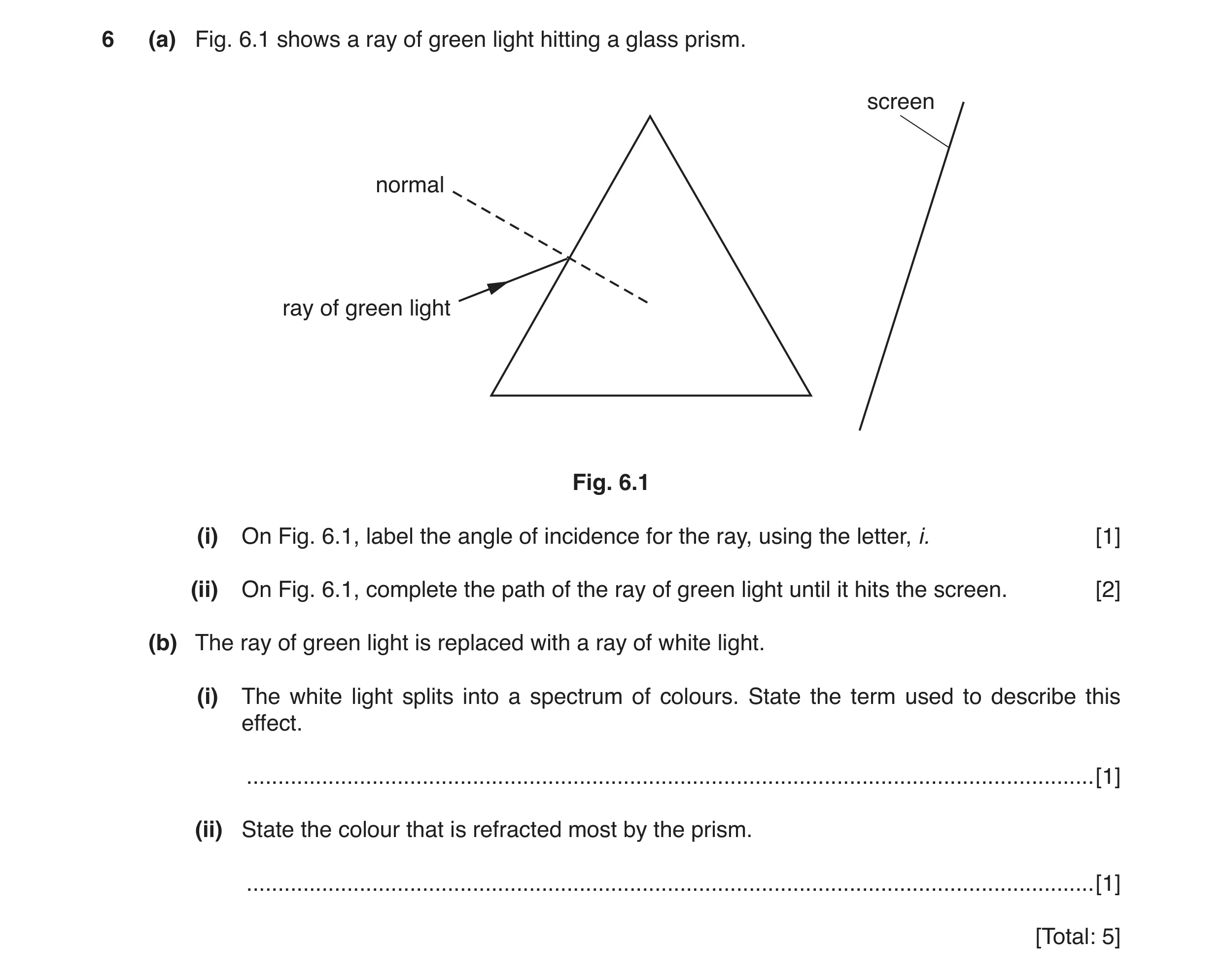 Question 11: (a) Fig. 6.1 shows a ray of green light hitting a glass prism. screen normal ray of green light Fig. 6.1 (i) On Fig. 6.1, label the angle o…