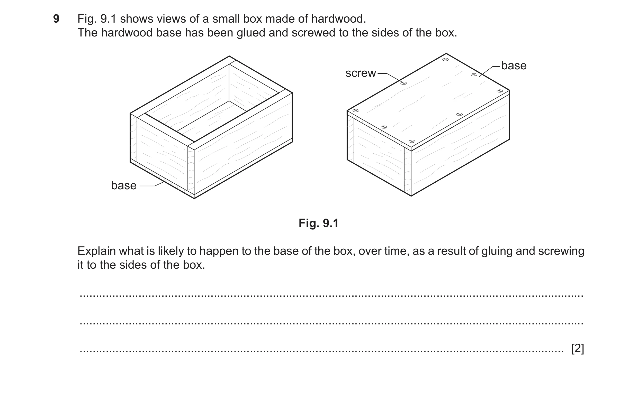 Question 386: Fig. 9.1 shows views of a small box made of hardwood. The hardwood base has been glued and screwed to the sides of the box. base screw base…