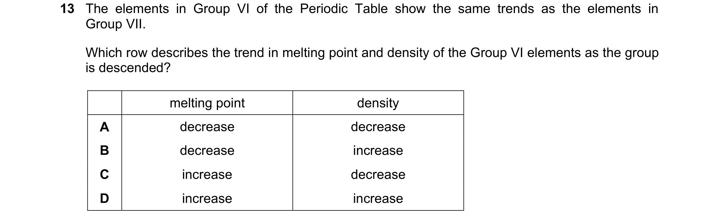 Question 4: The elements in Group VI of the Periodic Table show the same trends as the elements in Group VII. Which row describes the trend in melting …