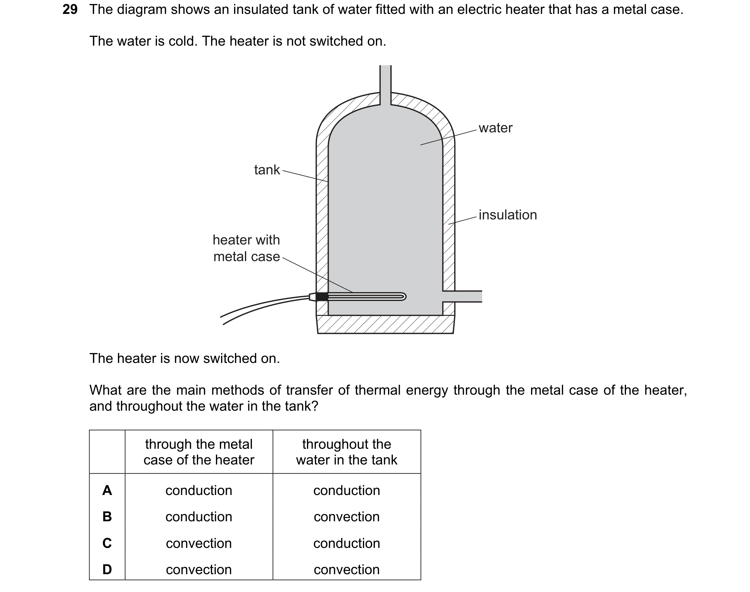Question 7: The diagram shows an insulated tank of water fitted with an electric heater that has a metal case. The water is cold. The heater is not swi…