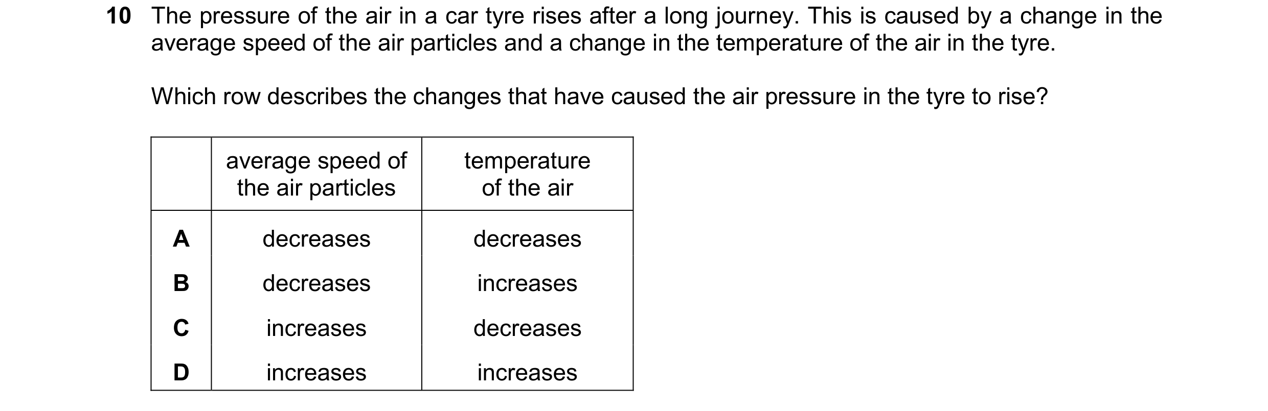Question 165: The pressure of the air in a car tyre rises after a long journey. This is caused by a change in the average speed of the air particles and …