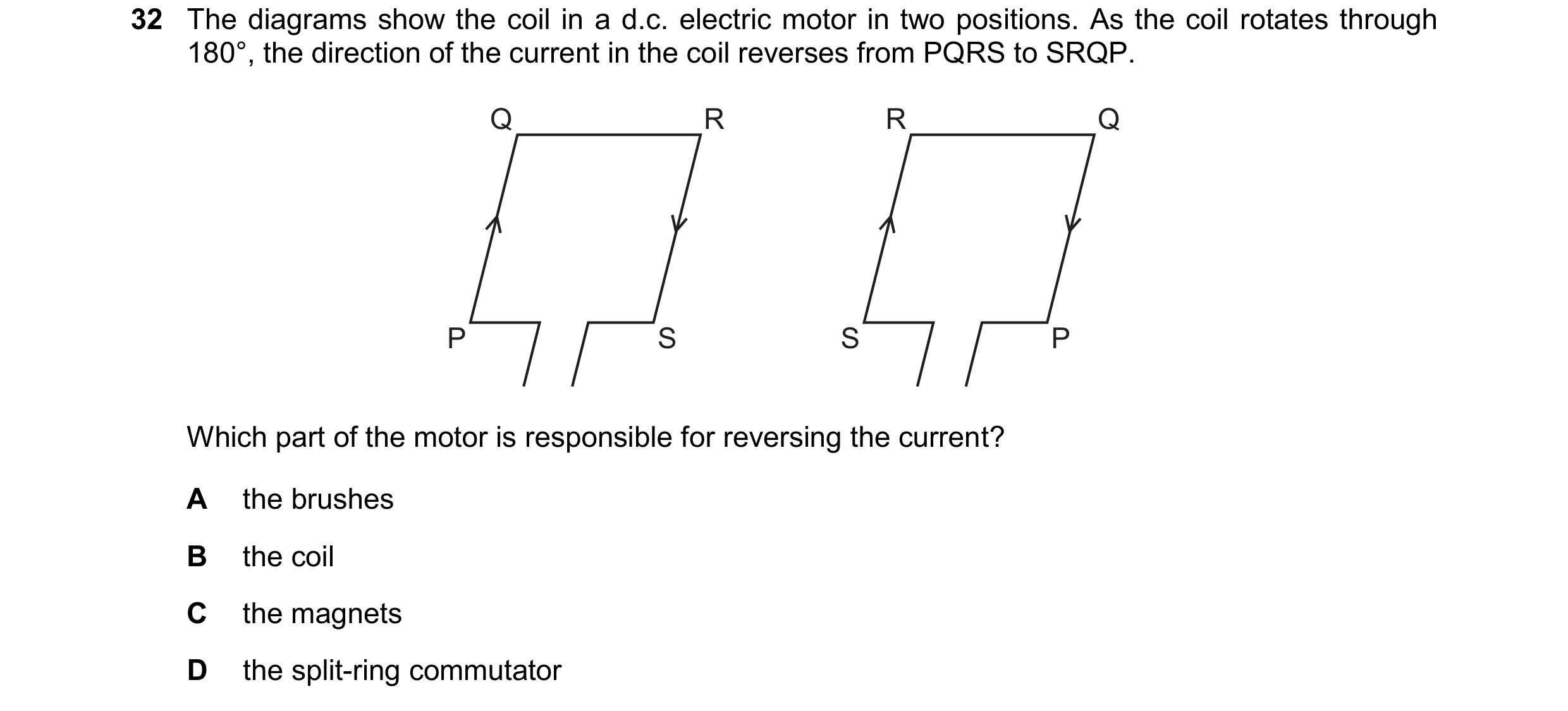 Question 188: The diagrams show the coil in a d.c. electric motor in two positions. As the coil rotates through 180°, the direction of the current in the…
