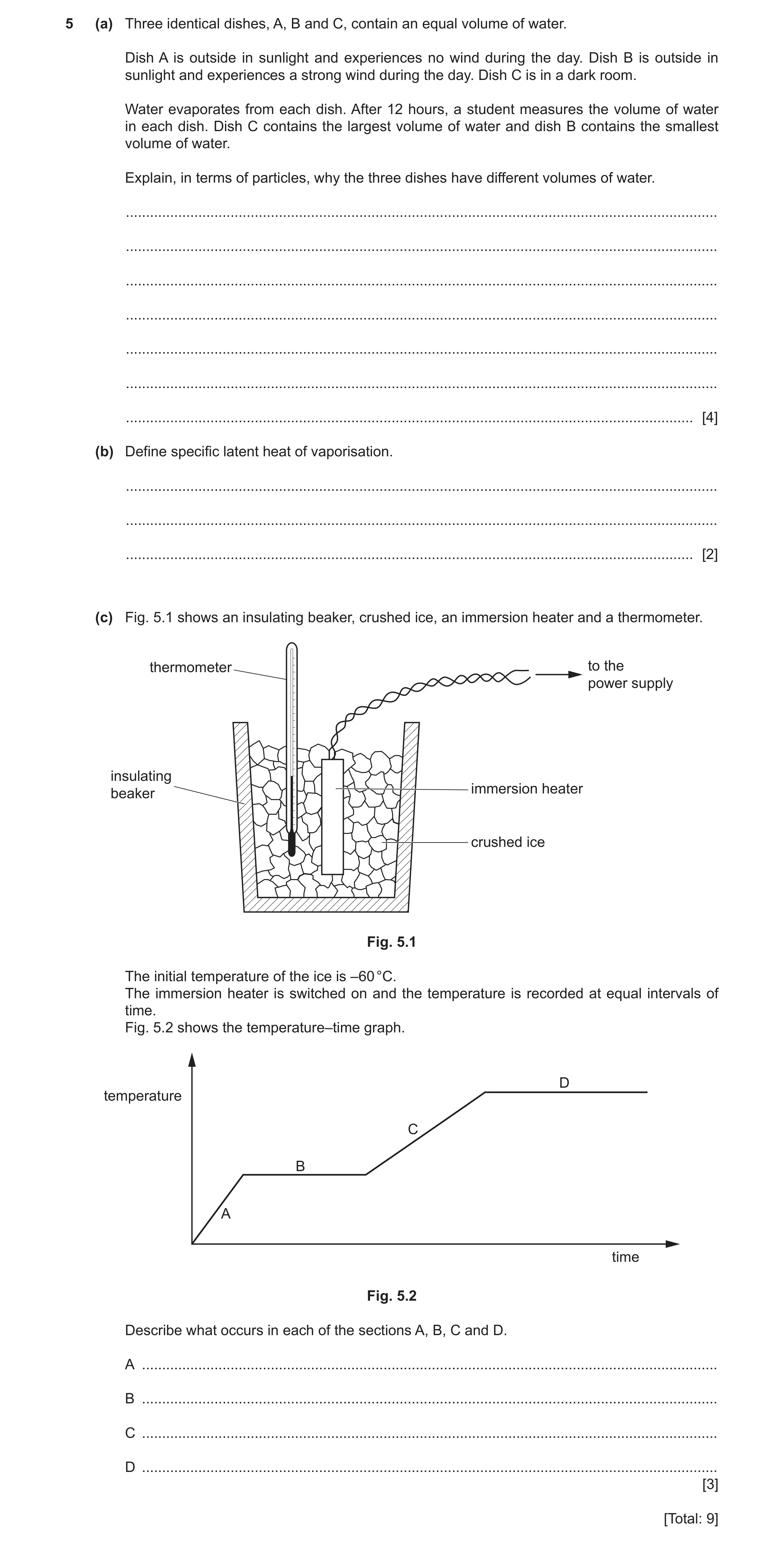 Question 33: (a) Three identical dishes, A, B and C, contain an equal volume of water. Dish A is outside in sunlight and experiences no wind during the …