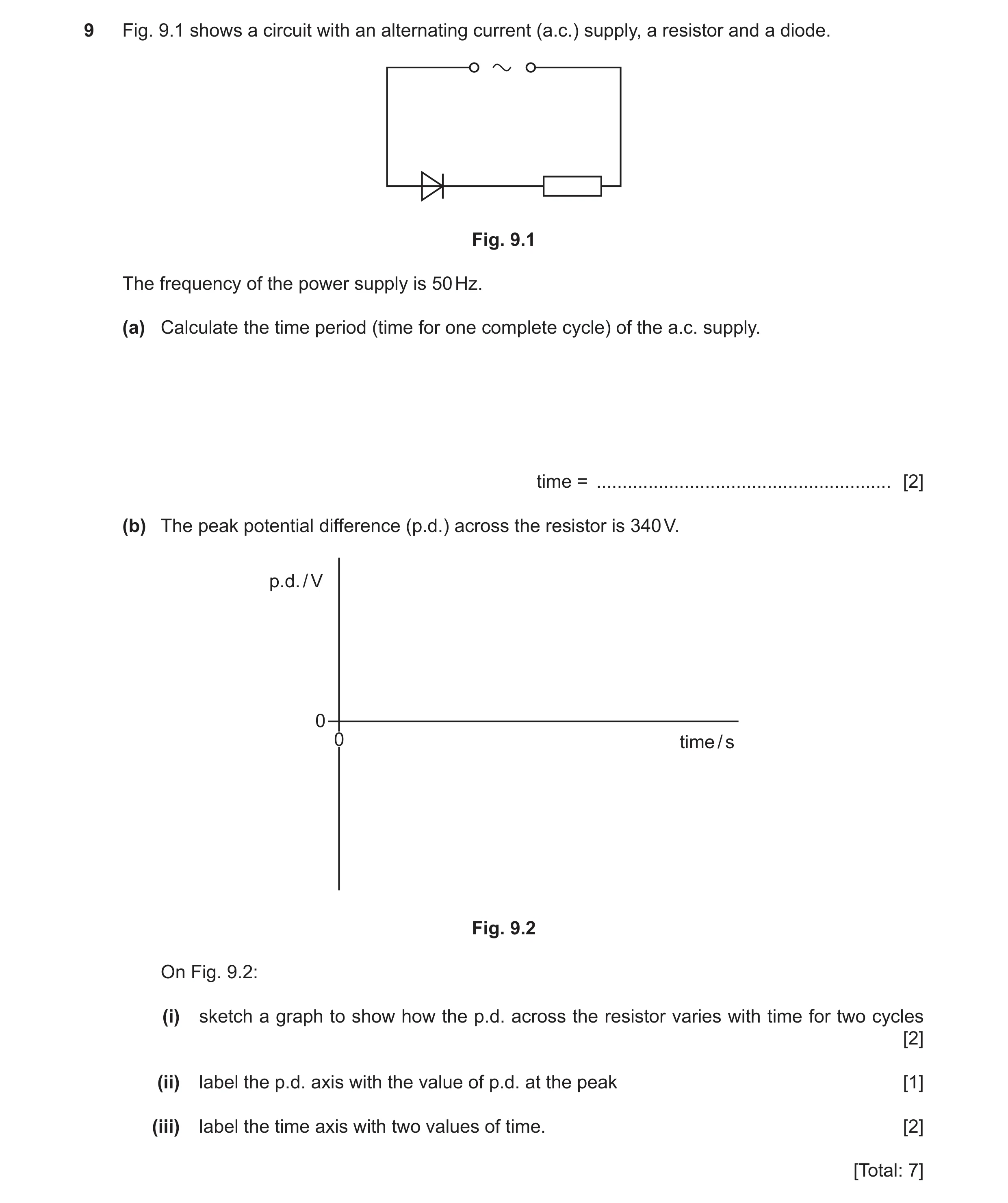 Question 45: Fig. 9.1 shows a circuit with an alternating current (a.c.) supply, a resistor and a diode. Fig. 9.1 The frequency of the power supply is 5…