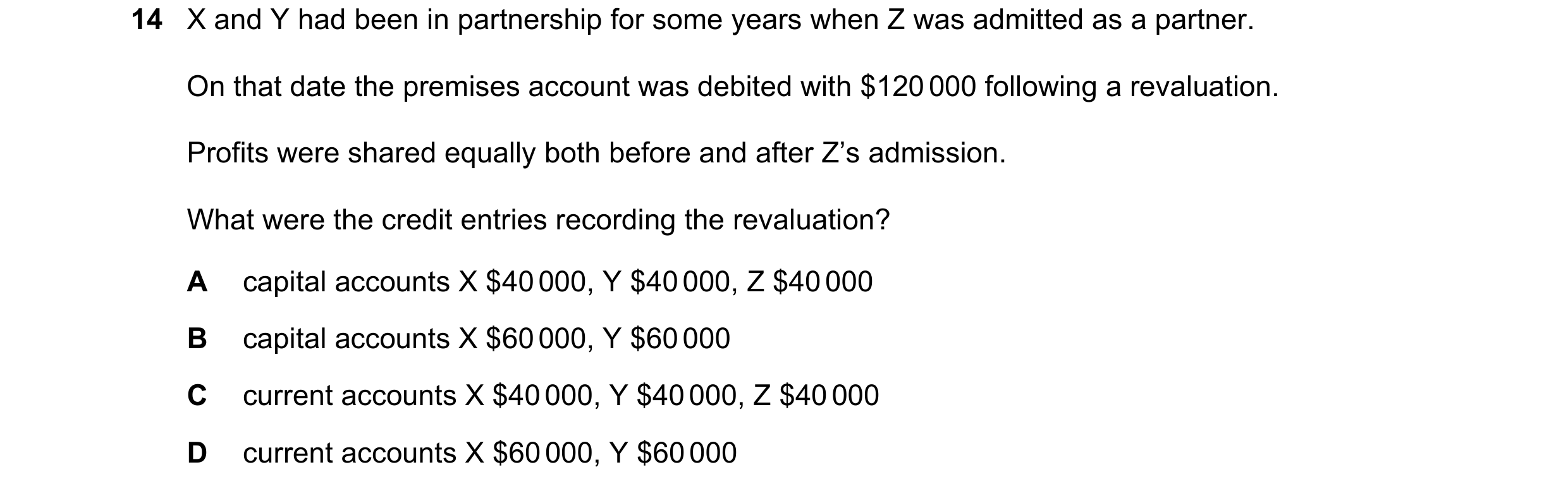 Question 574: X and Y had been in partnership for some years when Z was admitted as a partner. On that date the premises account was debited with $120 00…