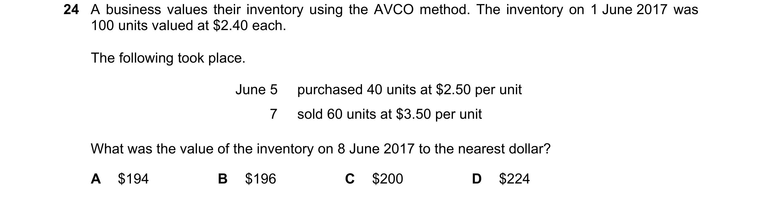 Question 316: A business values their inventory using the AVCO method. The inventory on 1 June 2017 was 100 units valued at $2.40 each. The following too…