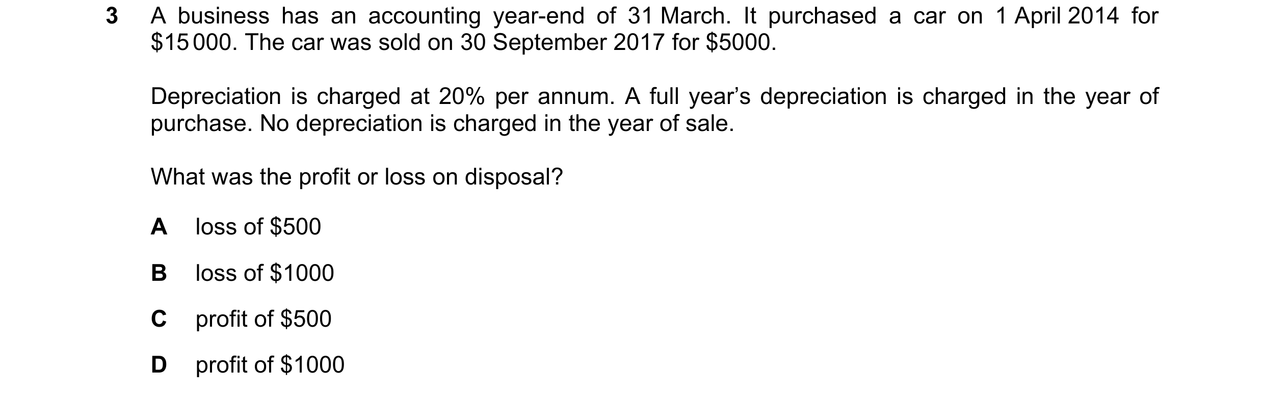 Question 149: A business has an accounting year-end of 31 March. It purchased a car on 1 April 2014 for $15 000. The car was sold on 30 September 2017 fo…