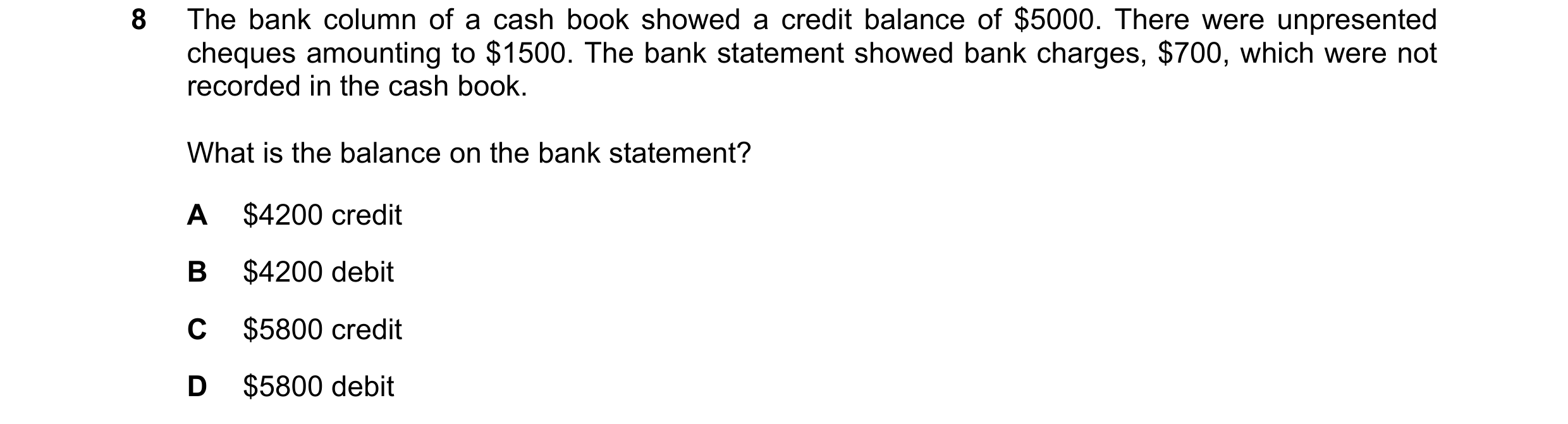 Question 225: The bank column of a cash book showed a credit balance of $5000. There were unpresented cheques amounting to $1500. The bank statement show…