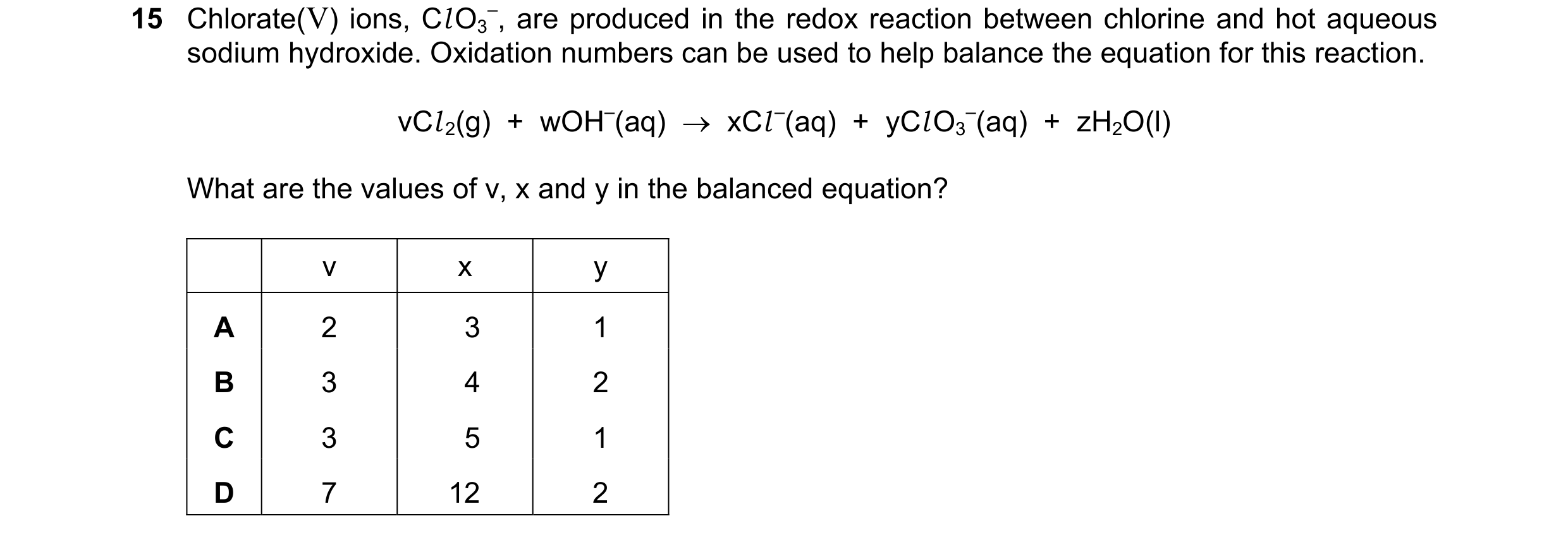 Question 219: Chlorate(V) ions, Cl O3 –, are produced in the redox reaction between chlorine and hot aqueous sodium hydroxide. Oxidation numbers can be u…