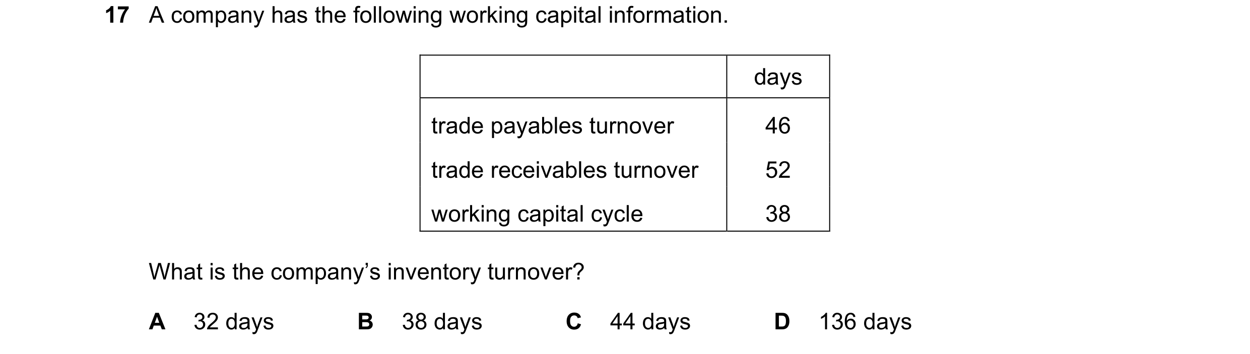 Question 58: A company has the following working capital information. days trade payables turnover 46 trade receivables turnover 52 working capital cycl…