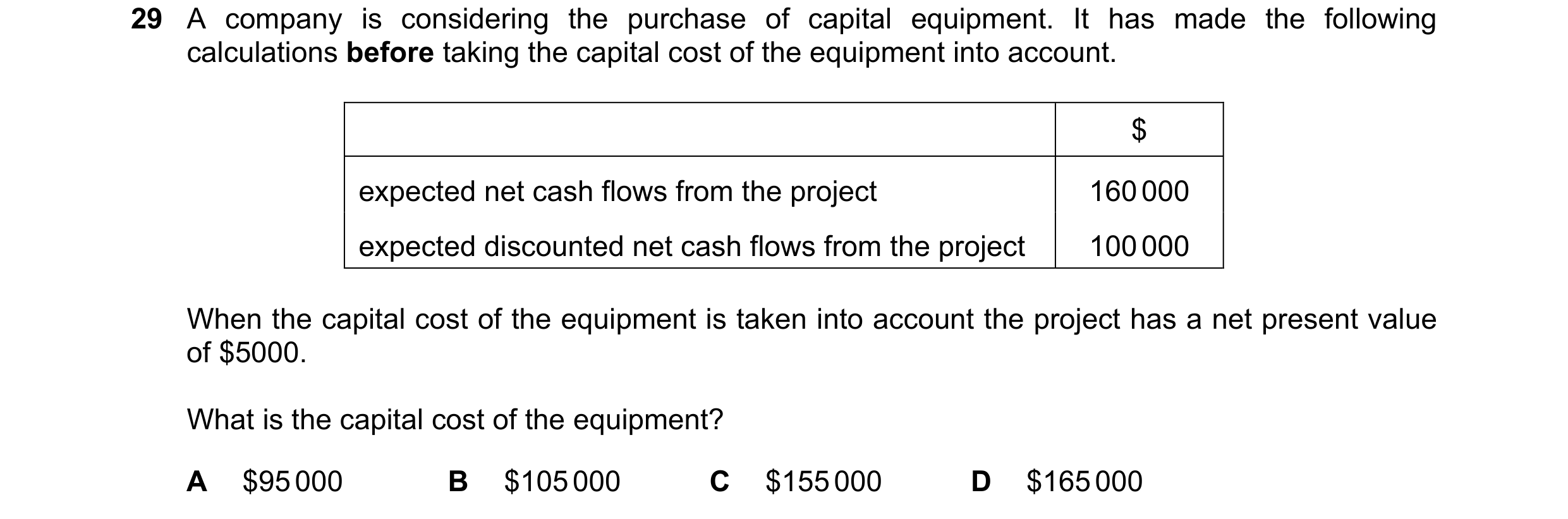 Question 62: A company is considering the purchase of capital equipment. It has made the following calculations before taking the capital cost of the eq…