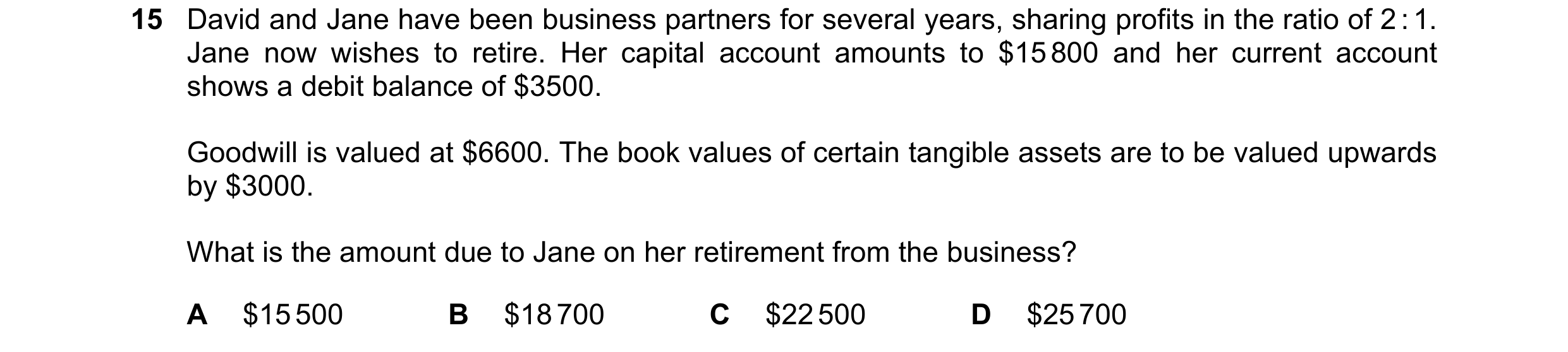 Question 172: David and Jane have been business partners for several years, sharing profits in the ratio of 2 : 1. Jane now wishes to retire. Her capital…