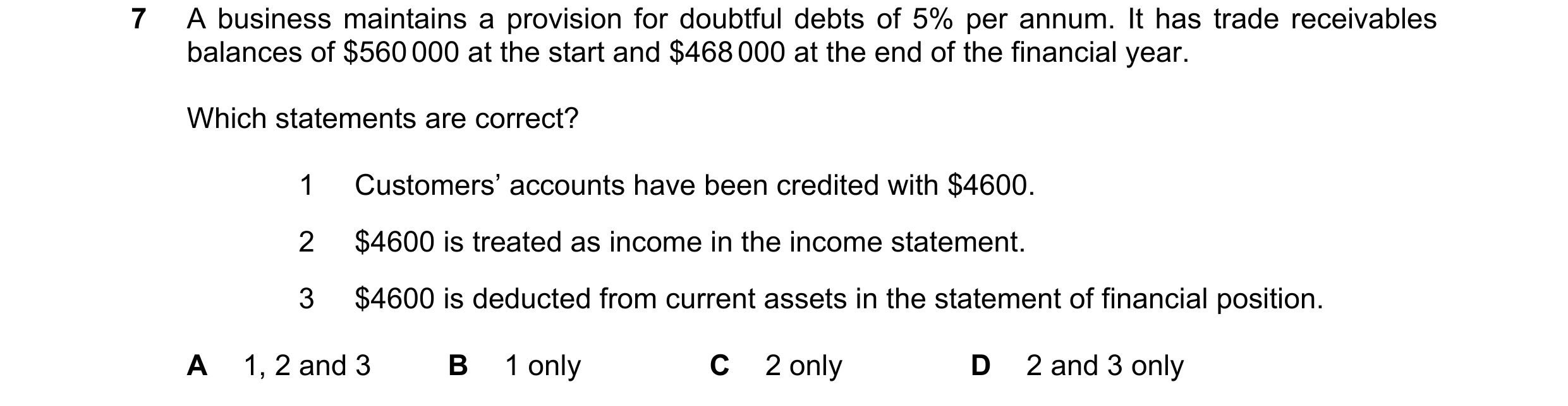 Question 455: A business maintains a provision for doubtful debts of 5% per annum. It has trade receivables balances of $560 000 at the start and $468 00…