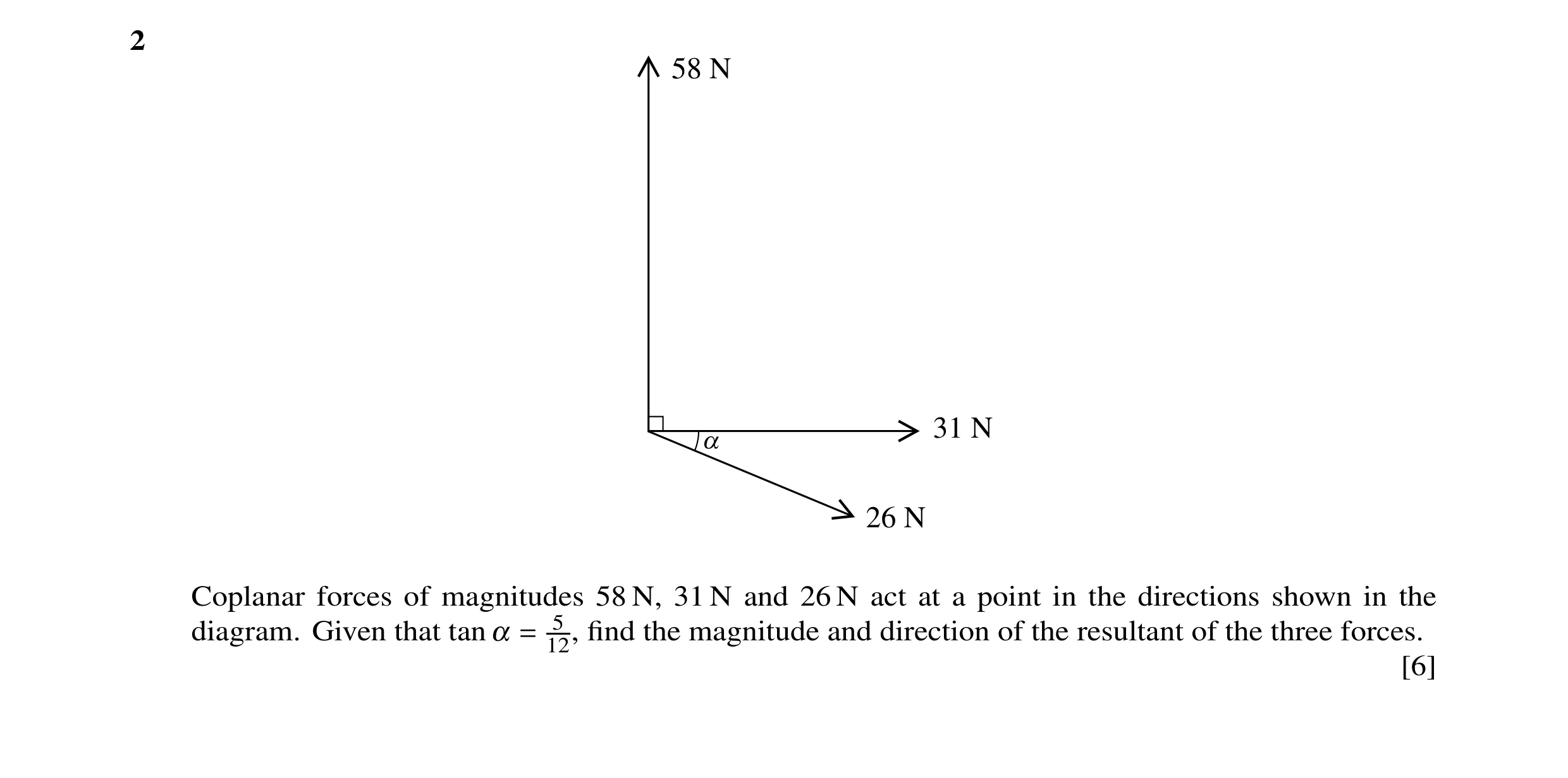 Question 43: 58 N a 31 N 26 N Coplanar forces of magnitudes 58 N, 31 N and 26 N act at a point in the directions shown in the diagram. Given that tan α …