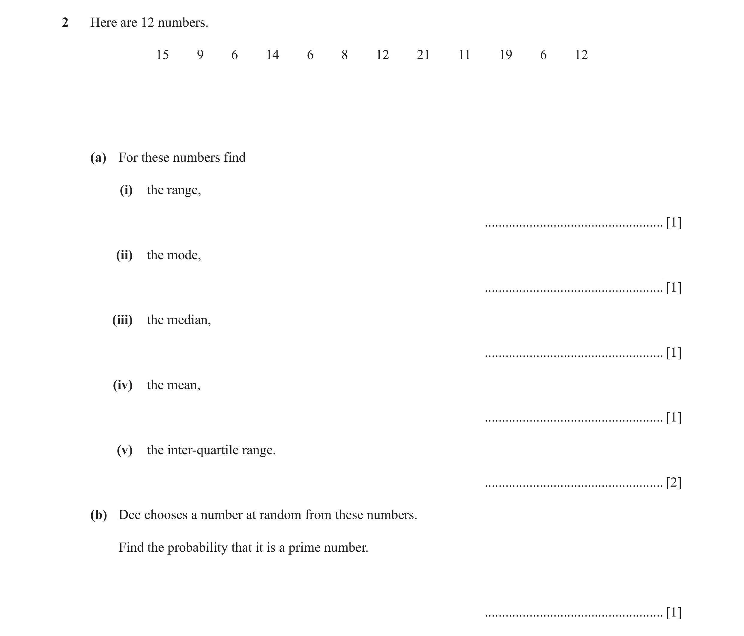 Question 13: Here are 12 numbers. 15 9 6 14 6 8 12 21 11 19 6 12 (a) For these numbers find (i) the range, .............................................…