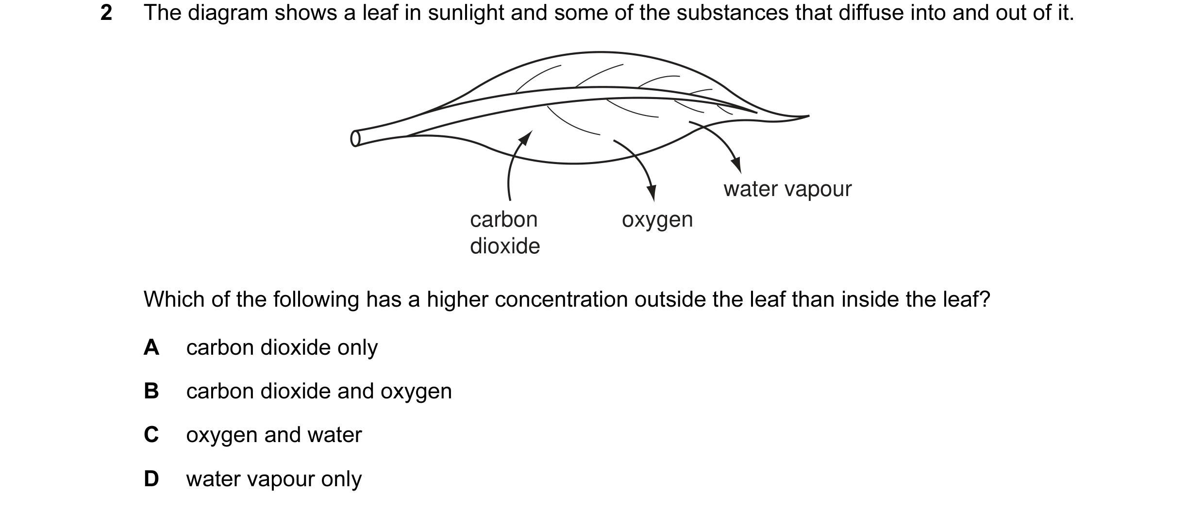 Question 5: The diagram shows a leaf in sunlight and some of the substances that diffuse into and out of it. water vapour carbon oxygen dioxide Which o…