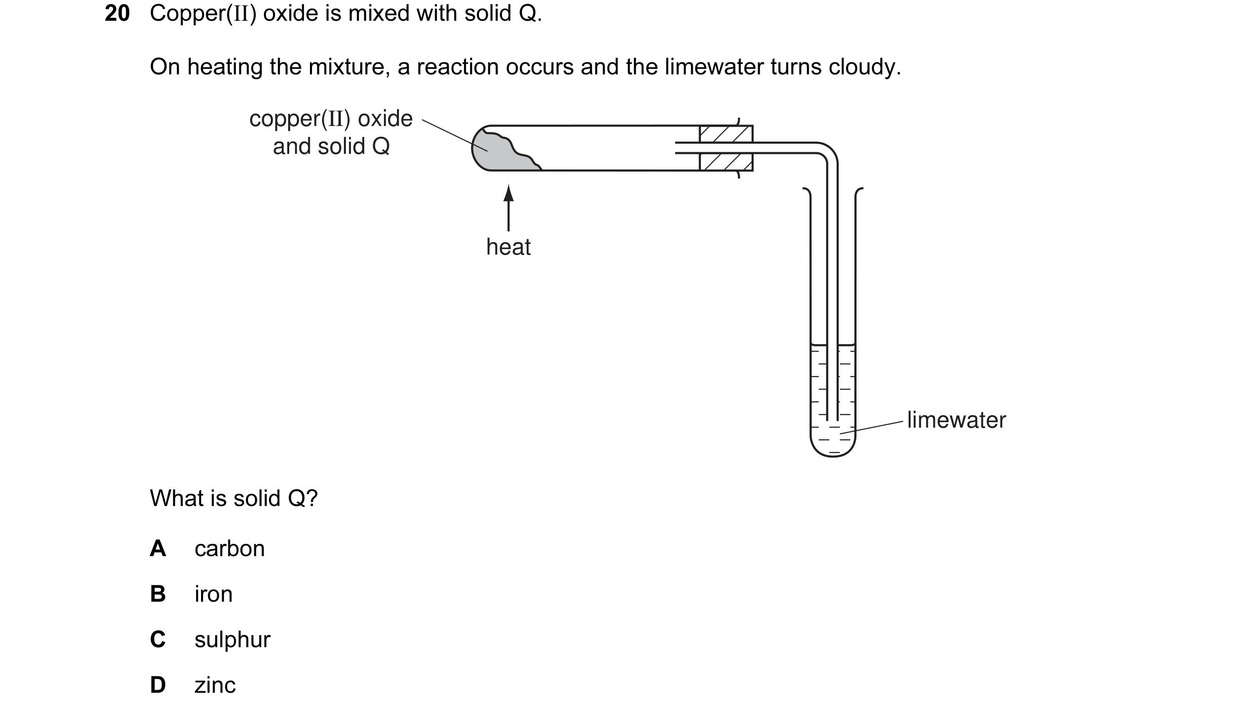 Question 7: Copper(II) oxide is mixed with solid Q. On heating the mixture, a reaction occurs and the limewater turns cloudy. copper(II) oxide and soli…